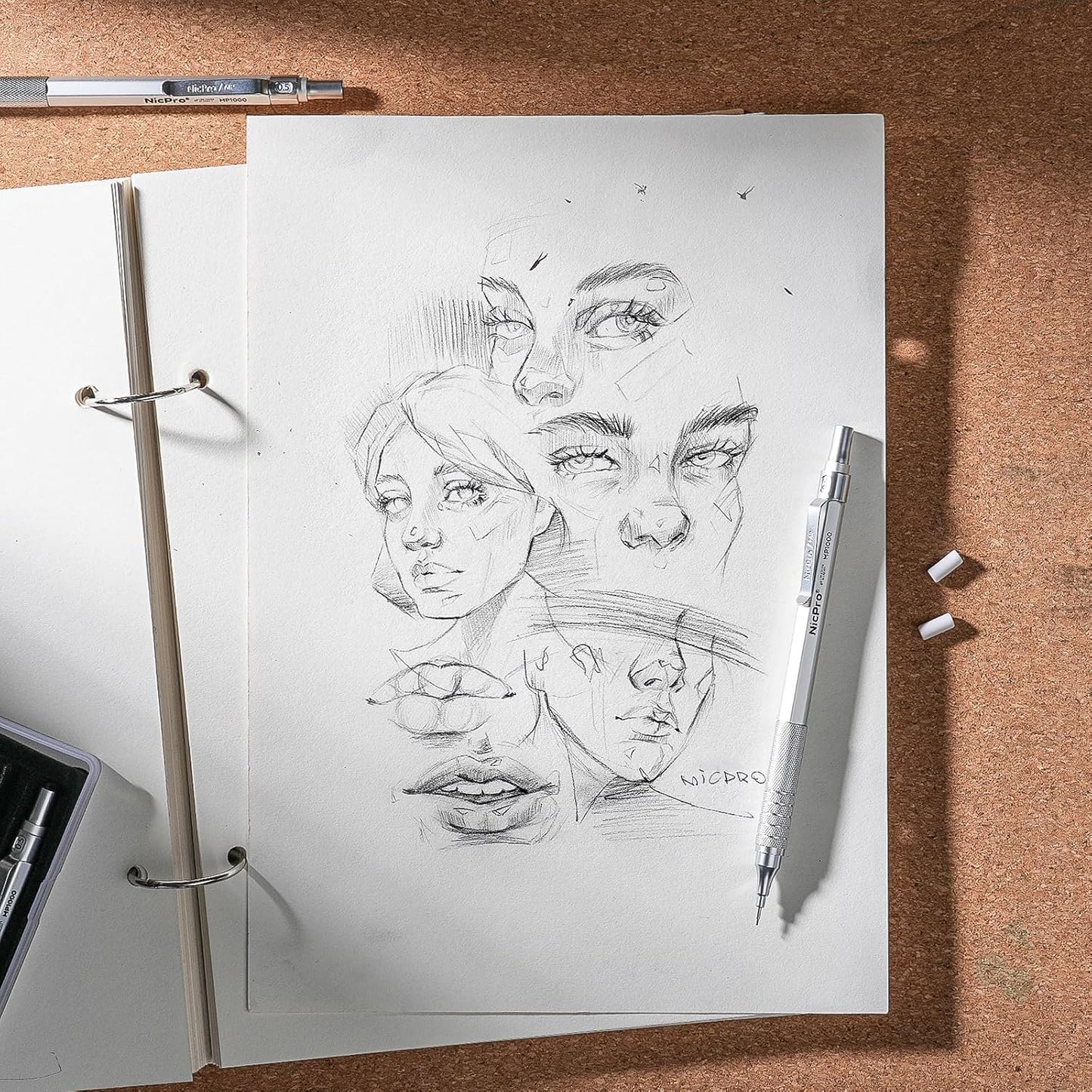 Nicpro 0.5 Mechanical Pencil Set with Case, 3PCS MP1000 Metal Artist Pencil & 8 Tube HB Lead Refills 0.5mm, 3 Erasers,9 Eraser Refills For Architect Writing Drafting, Drawing, Engineering, Sketching