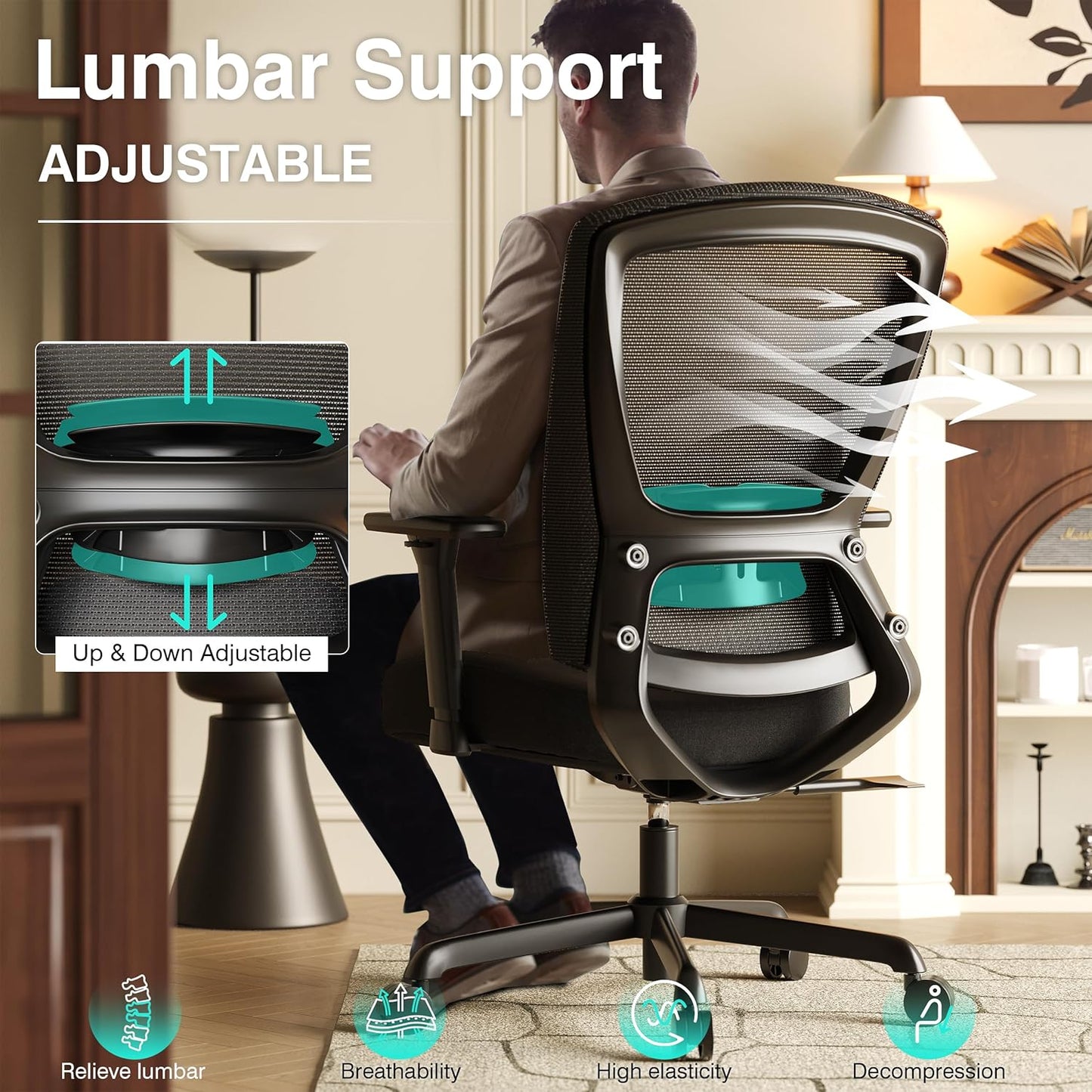 T96C Ergonomic Home Office Chair, Mesh Computer Desk Chair with 4D Armrests, Adjustable Lumbar Support,Tilt Function, Executive Rolling Swivel Task Chair for Long Hours (Black - Upholstered Seat)