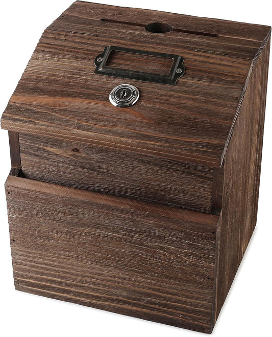 Wood Charity Donation collection Box Office suggestion Ballot Box With wide slot for envelopes and suggestion comment forms, Pocket and Locking Hinged Lid & Pen for Table Or Countertop(Rustic-Brown)