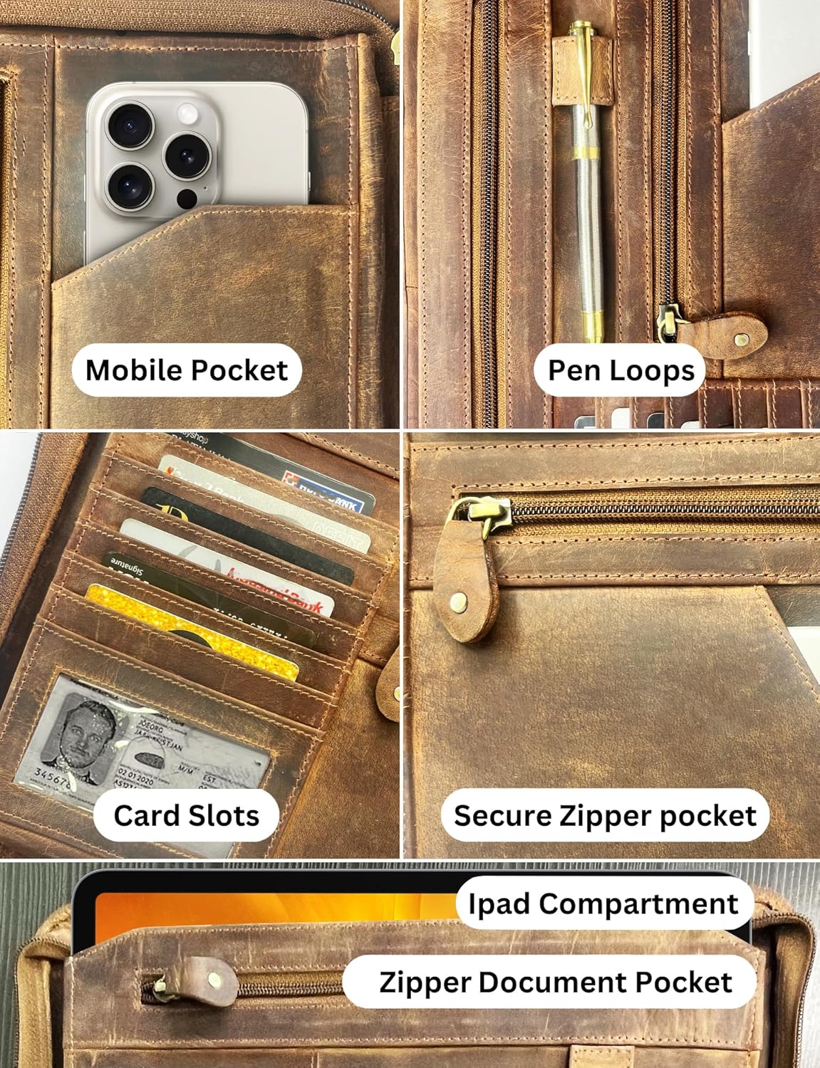 Business Leather Portfolio Leather Padfolio - Letter Pad Size Folder - iPad Organizer Folder Gift for Men and Women (Brown)