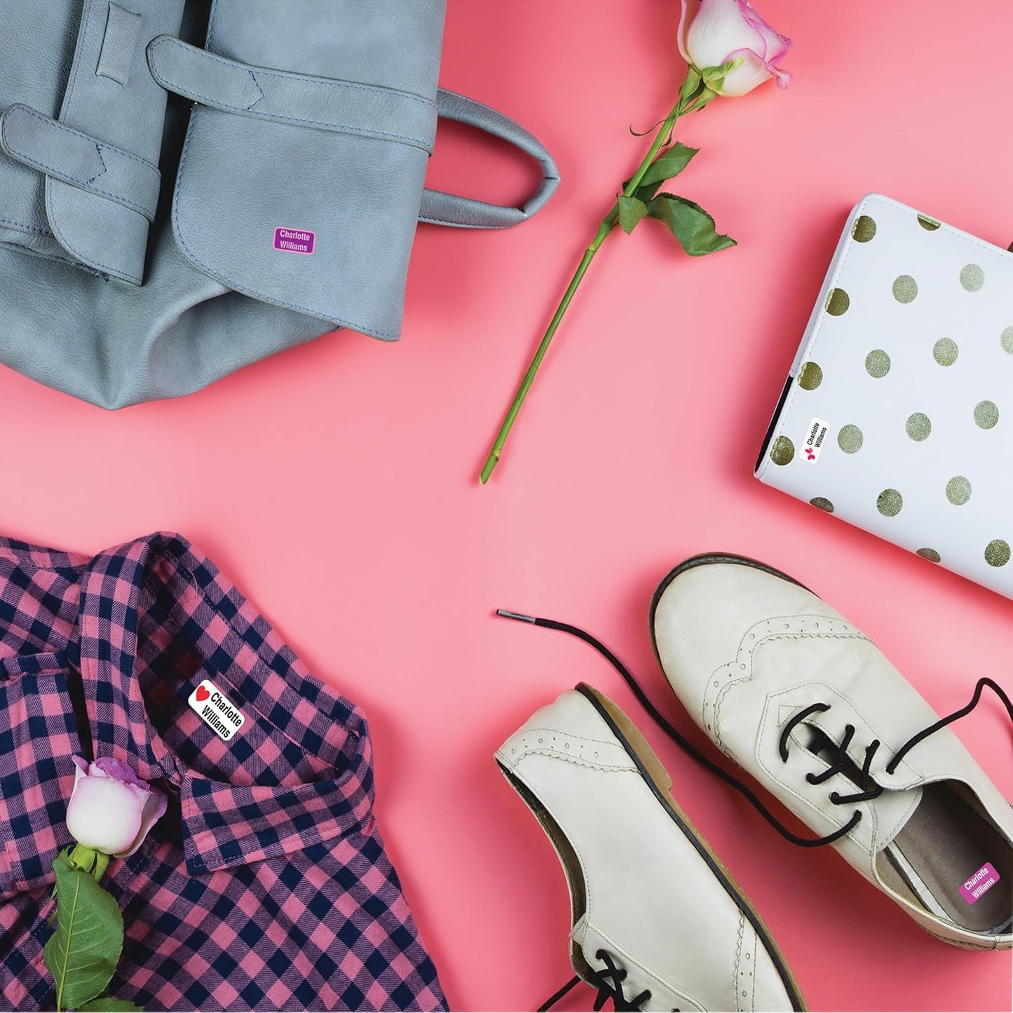 Personalized Waterproof Name Labels Press and Stick Custom Name Stick on Clothing Labels. Customized Up to 3 Lines Great for Camp & Daycare (Choose Your Background and Border and Font)