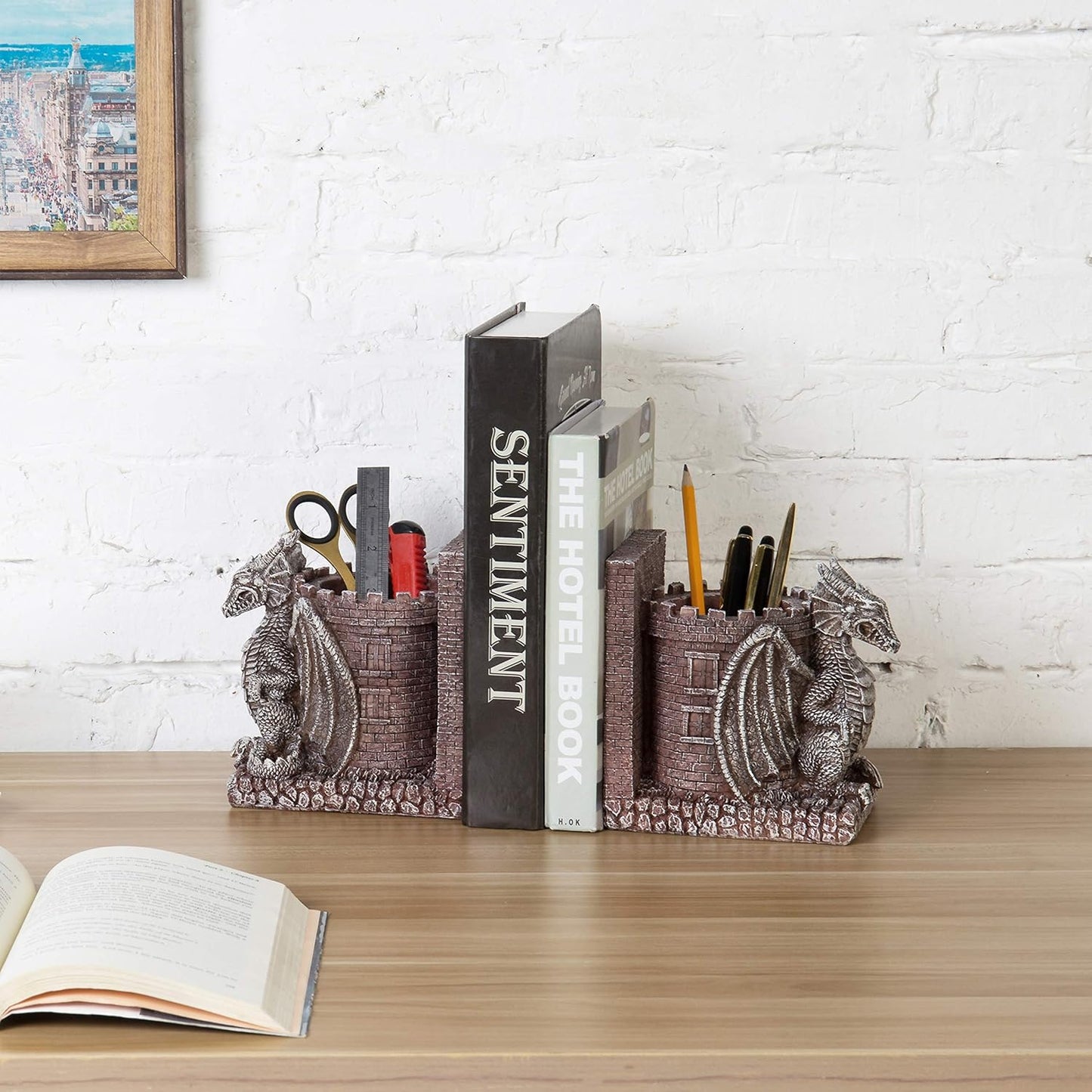 MyGift Dragon Guard Castle Resin Decorative Bookends for Heavy Books with Pencil Holders, Fantasy Themed Book Holder for Home and Office