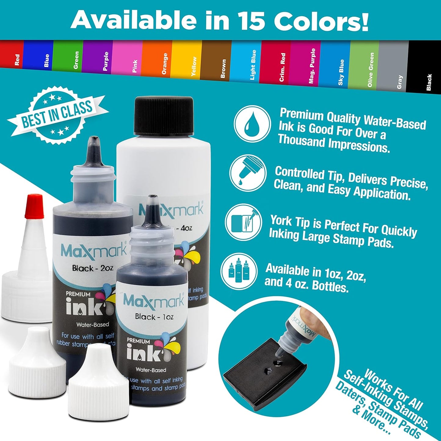MaxMark Premium Refill Ink for self Inking Stamps and Stamp Pads, Sky Blue Color - 4 oz.