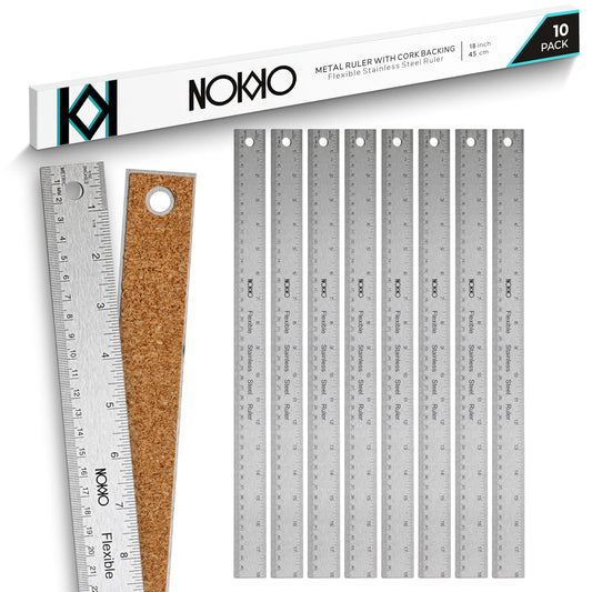NOKKO 18 Inch Metal Ruler with Cork Backing, Pack of 10 - Flexible Stainless Steel Straight Edge Ruler with Inches and Centimeters, Non-Slip Backing for Precision and Stability
