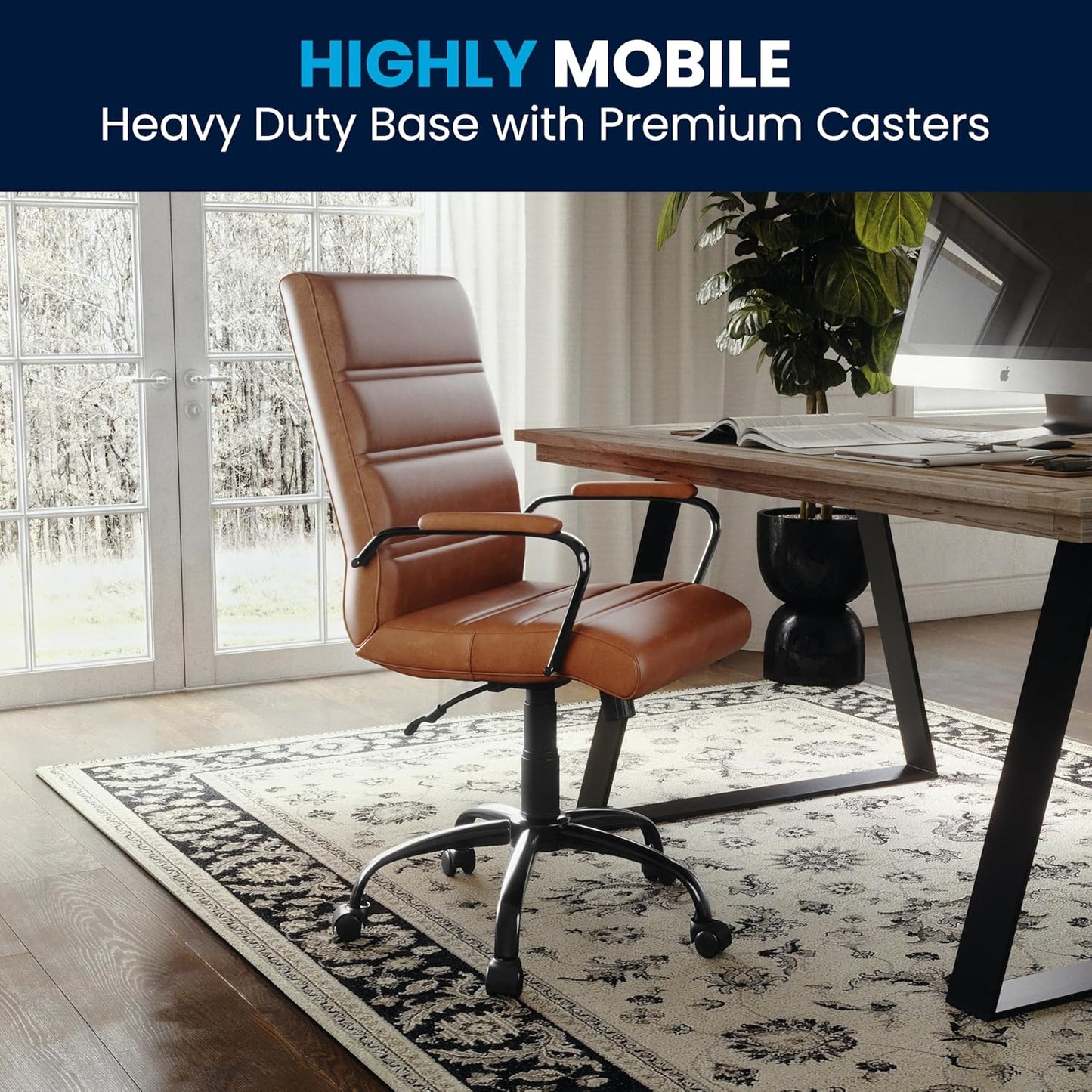 Flash Furniture Whitney Mid-Back Swivel Leather Desk Chair with Padded Seat and Armrests, Adjustable Height Padded Leather Office Chair, Brown/Black