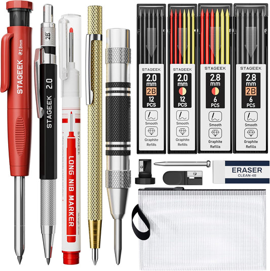 14 Pack Carpenter Pencil Set with Sharpener, Carpenter Pencils with Automatic Center Punch, Carbide Scribe Tool, Deep Hole Long-Nib Marker Pen & Construction Pencils for Architect with Pouch