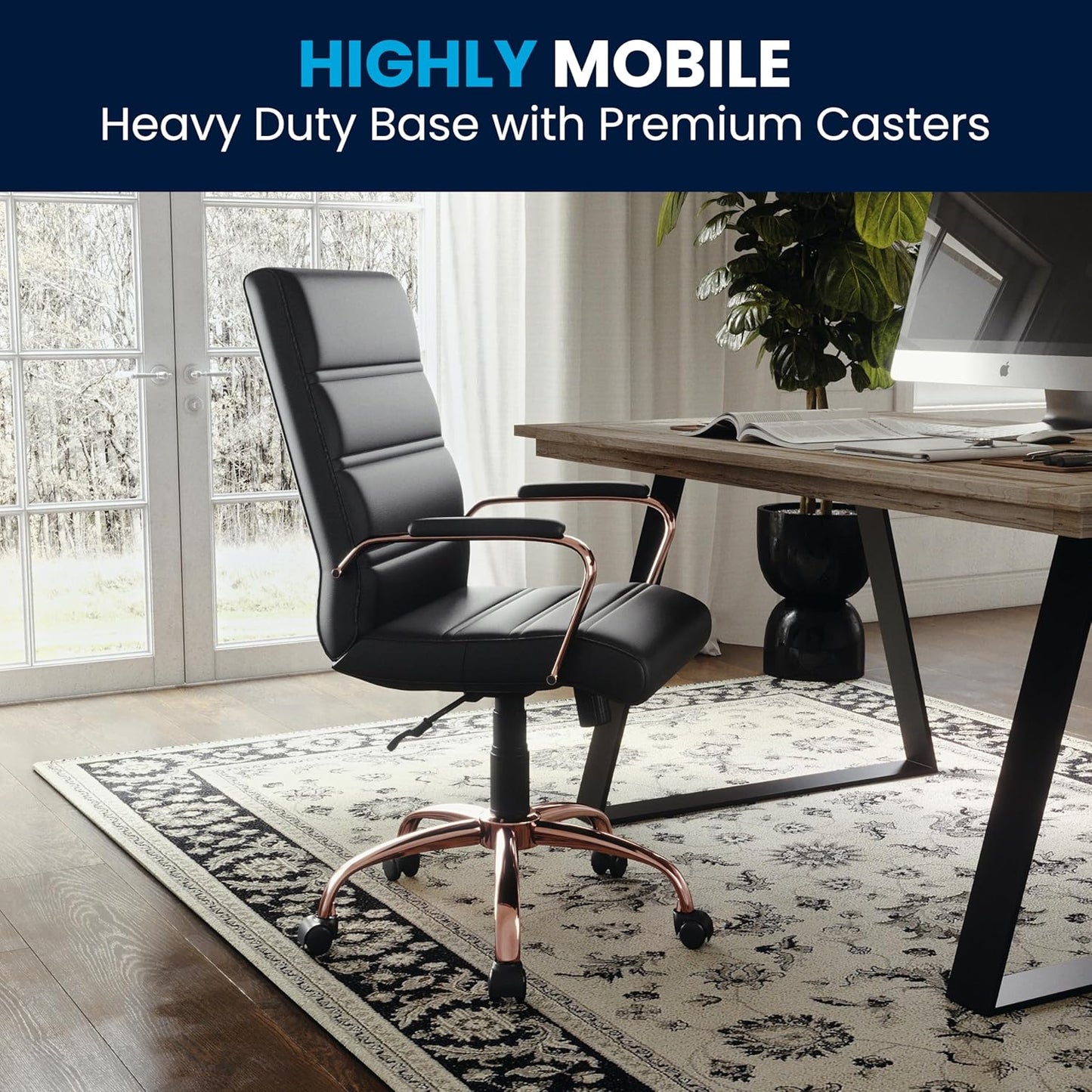 Flash Furniture Whitney Mid-Back Swivel LeatherSoft Desk Chair with Padded Seat and Armrests, Adjustable Height Padded LeatherSoft Office Chair, Black/Rose Gold