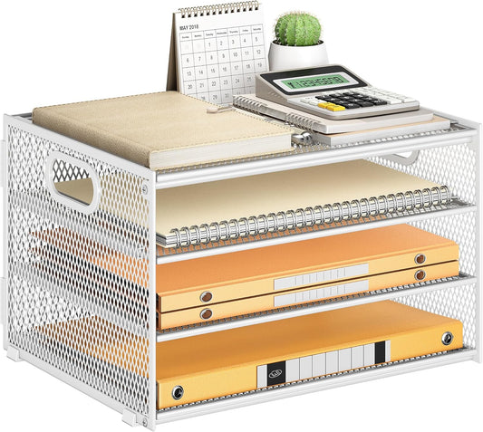 Subekyu Paper Letter Tray Organizer for Desk, White Metal Mesh Desk File Sorter Organizer with Handle and 2 Sliding Trays for Home Office School Supplies Organization