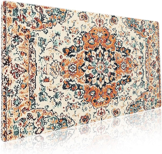 Vintage Rug Gaming Mouse Pad XXL Orange Teal Retro Carpet Aesthetic Extended Large Mat Bohemian Boho Mousepad Desk Pad Non-Slip Rubber Base Stitched Edge Flower Keyboard Pad for Computer,35.4x15.7 in