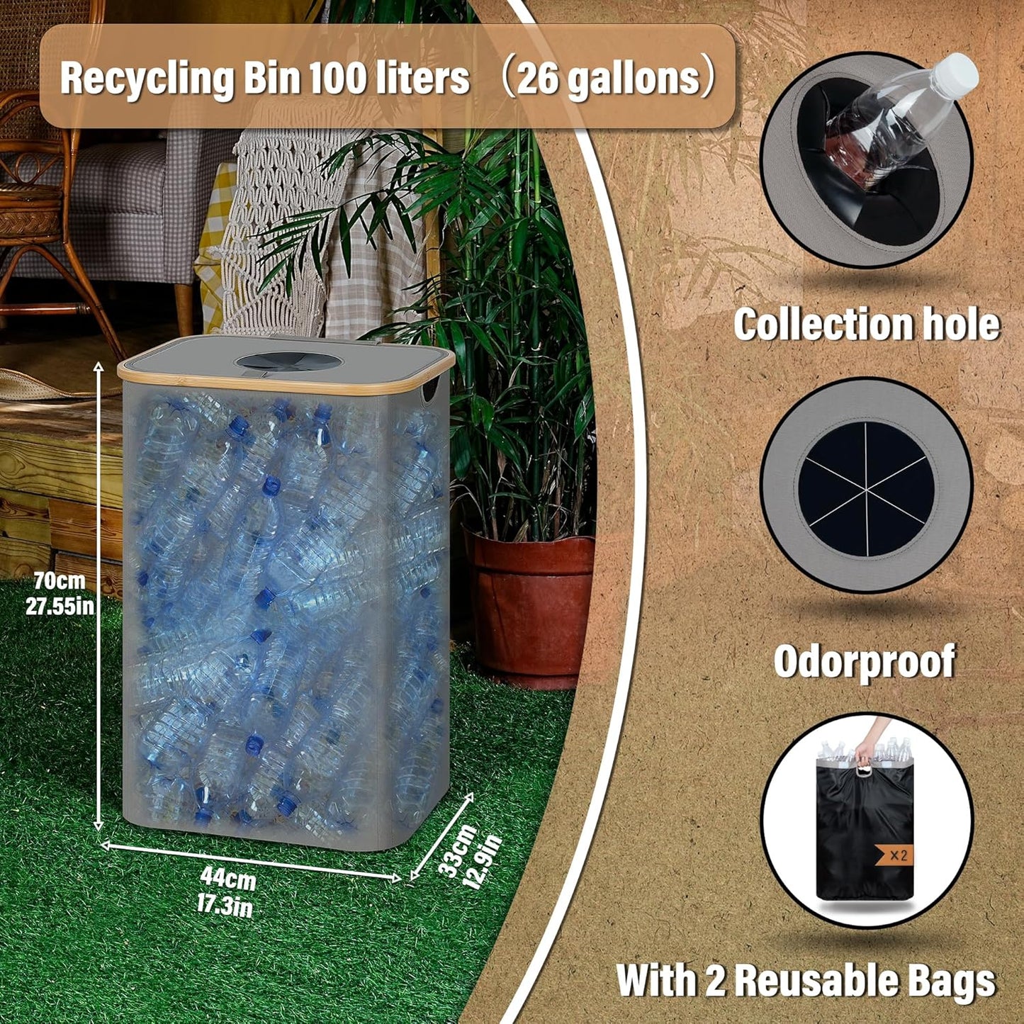 efluky Recycle Bin 26 Gallon, 100L Recycle Bin for Kitchen with 2 Removeable and Reusable Inner Bag, Large Recycling Bin with Lid for Bottle Can Plastice Stickers (Grey)