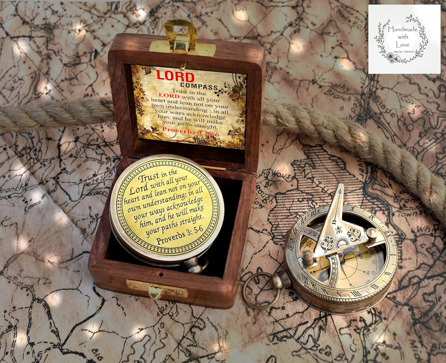 Trust in The Lord With All Your Heart - Proverbs 3:5-6 Quote Engraved Compass With Wooden Box, Greeting Card, Gift Compass, Graduation Day Gifts 2024 for Women Men Boys Girls