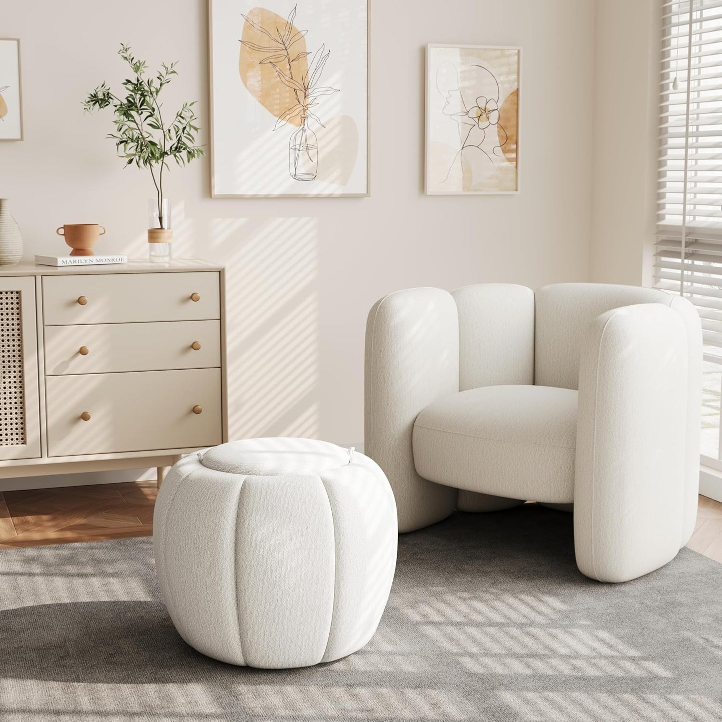 Storage Ottoman, Round Ottoman with Storage, Upholstered Soft Vanity Stool for Living Room, Foot Stool Ottoman for Bedroom, Entryway (Beige)