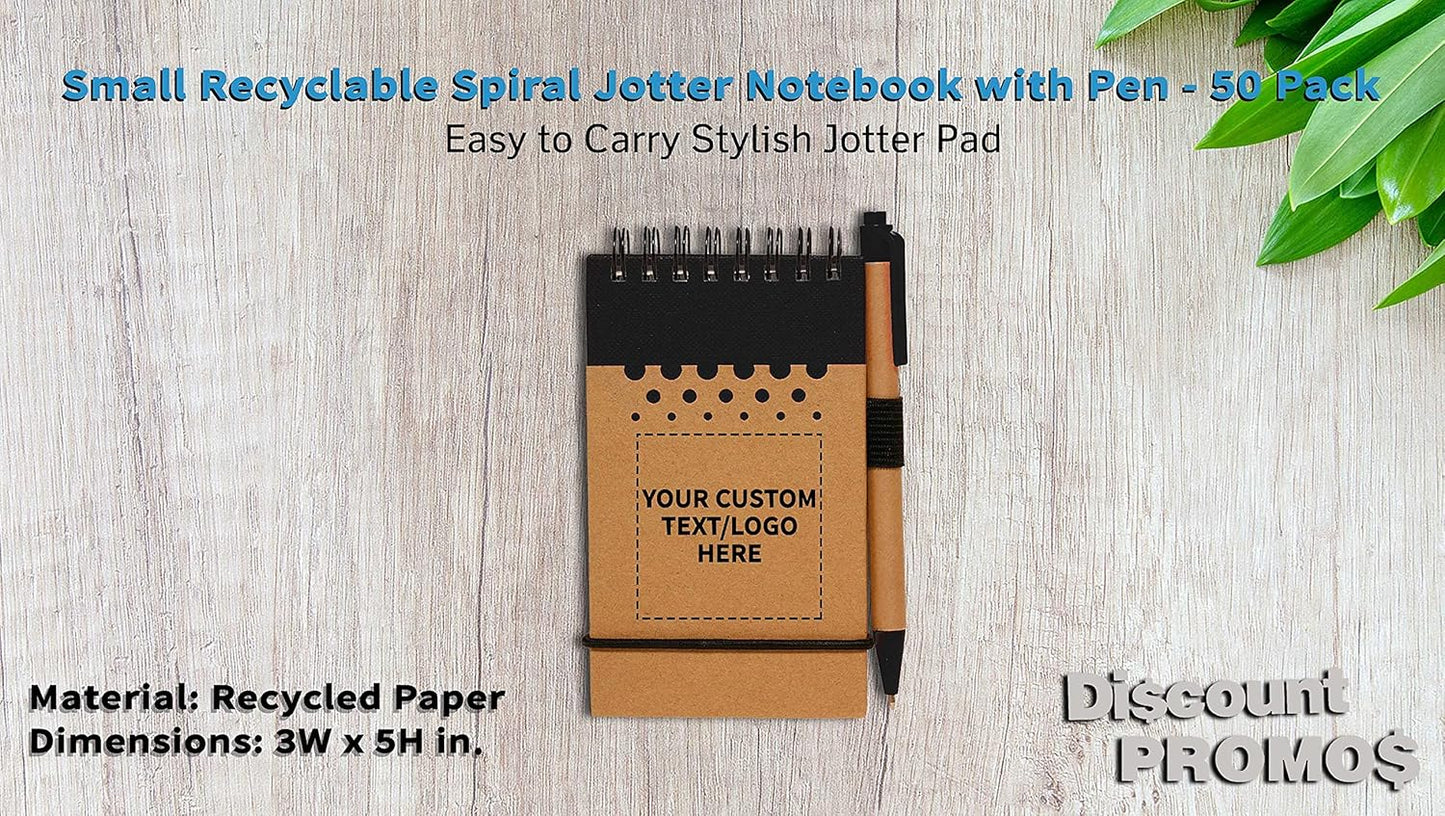 DISCOUNT PROMOS 50 Recyclable Spiral Small Notebooks Pack - Customizable Text, Logo - 60 Lined Pages - Black