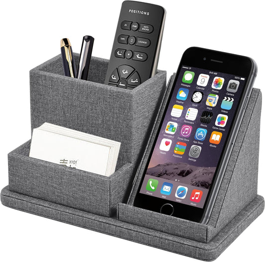 Multi-Function Pen/Pencil Holder-Linen Leathe Excellent Cell Phone Touch Screen Solution Holde-Business Card Holder/Sticky Note Tray,Desk Organizer for Office Supplies,Desktop Caddy,Grey