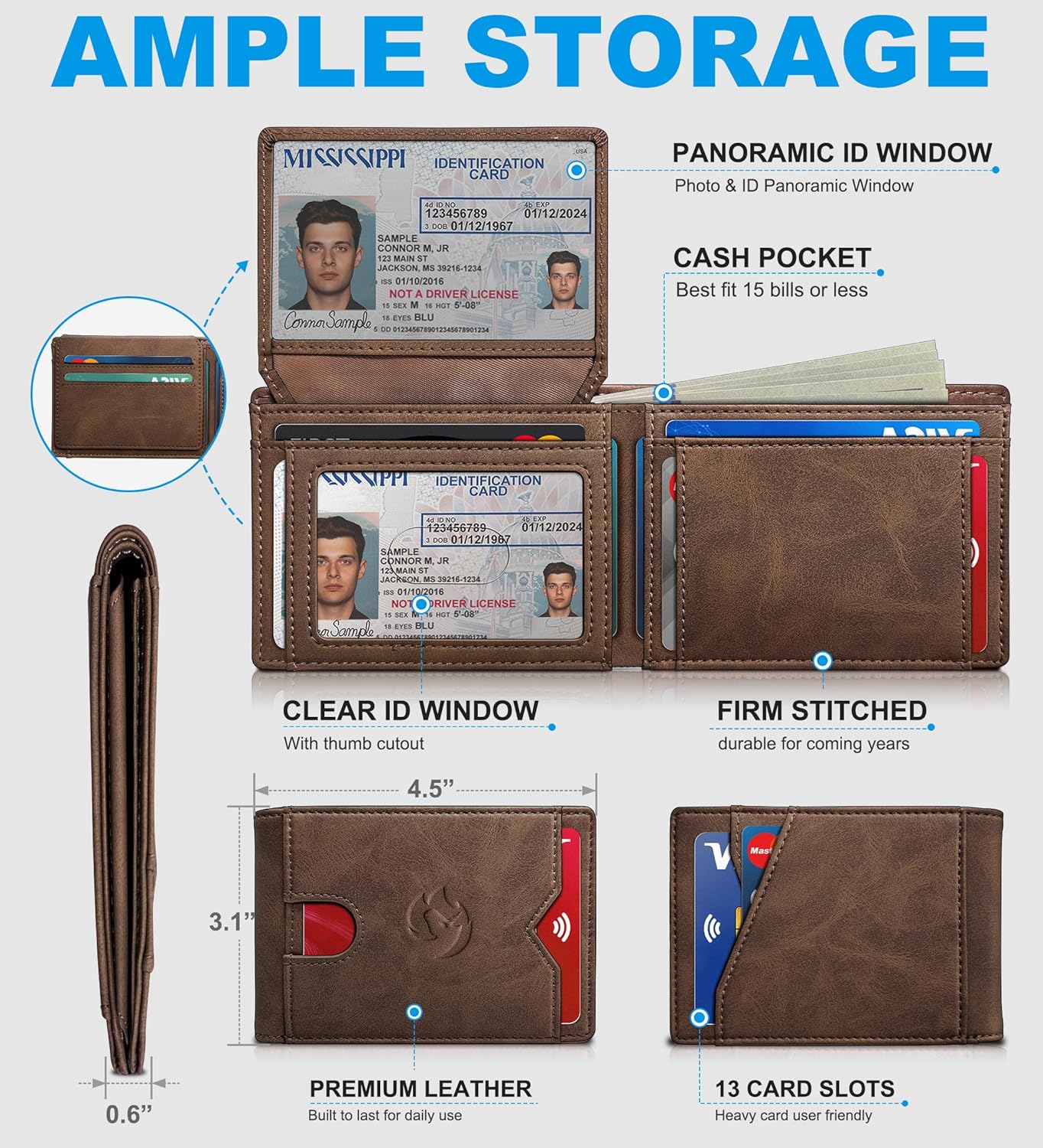 Wallet for Men Wallet with Cash Pocket 2 ID Window 13 Cards,Slim Leather Wallet Front Pocket Card Holder RFID Blocking with Gift Box