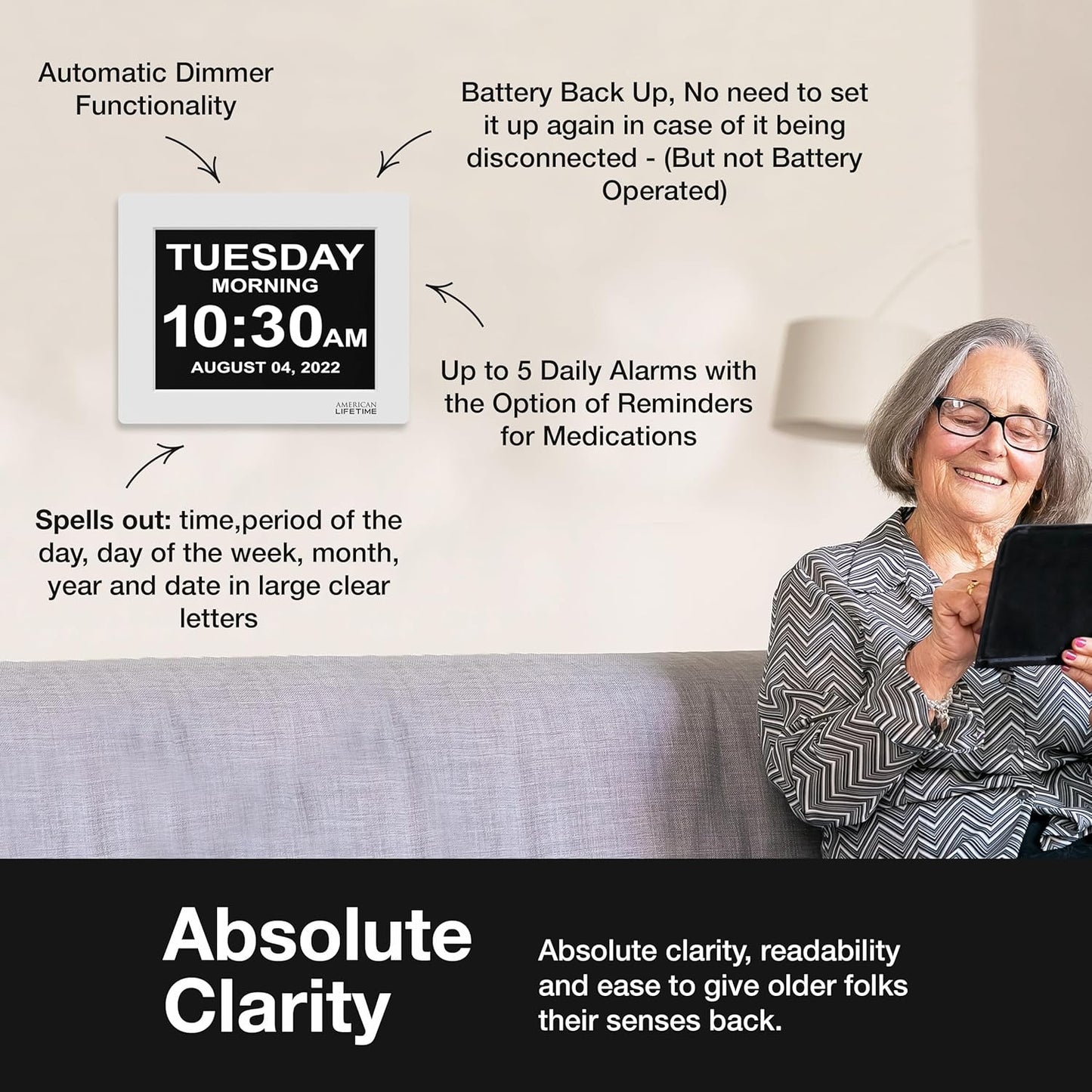 American Lifetime New 2025 Dementia Clock Large Digital Clock for Seniors, Large Display with Custom Alarms, Calendar Clock with Day & Date for Elderly, Clear Numbers Alzheimer Digital Clock White