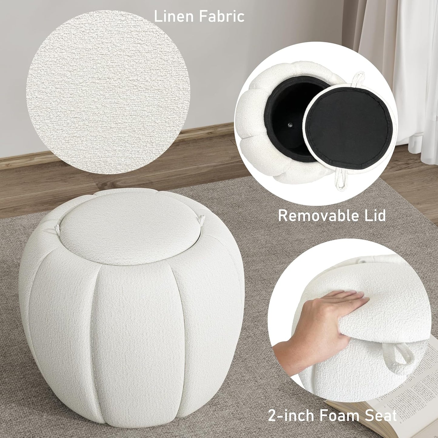 Storage Ottoman, Round Ottoman with Storage, Upholstered Soft Vanity Stool for Living Room, Foot Stool Ottoman for Bedroom, Entryway (Beige)