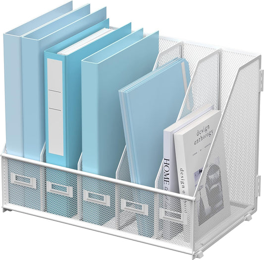 SUPEASY Desk Organizers Metal Desk Magazine File Holder with 5 Vertical Compartments Rack File Organizer for Office Desktop, Home Workspace, White