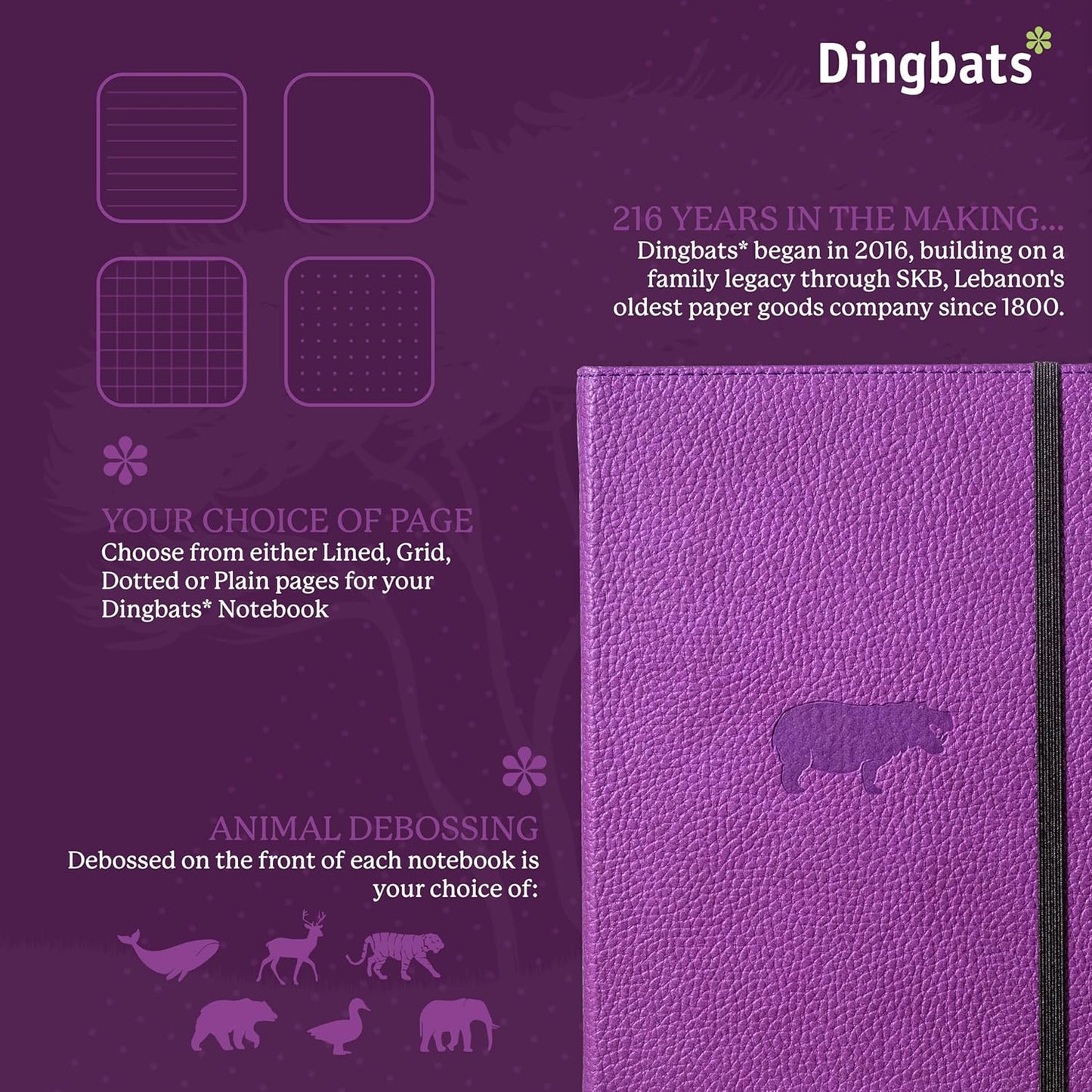 Dingbats* Wildlife Dotted Journal Notebook A5 - Vegan Leather Hard Cover, Ideal for Work, Travel - Pocket, Elastic