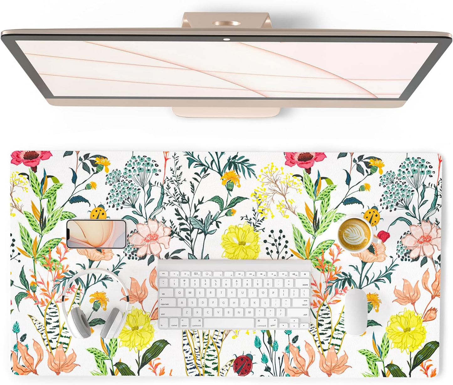 QIYI Floral Large Mouse Pad, Colorful Desk Mat for Desktop, Women Girls Desk Accessories Office Décor, PU Leather Waterproof Big Gaming Mousepad, Blooming Flowers Desk Pad Computer Mat, 31.5" x 15.7"