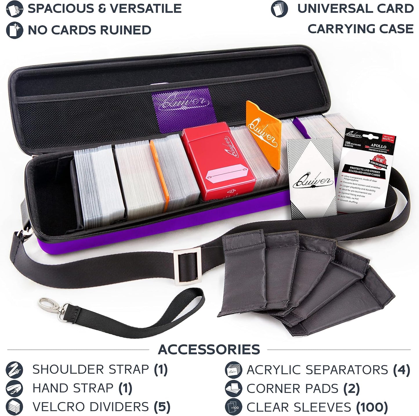 Quiver Time Purple Quiver Card Carrying Case - TCG Cards Deck Box Holder for Trading Cards, MTG Bag Playing Card Case (+Wrist & Shoulder Strap, Dividers, Separators, Corner Pads + 100 Apollo Sleeves)