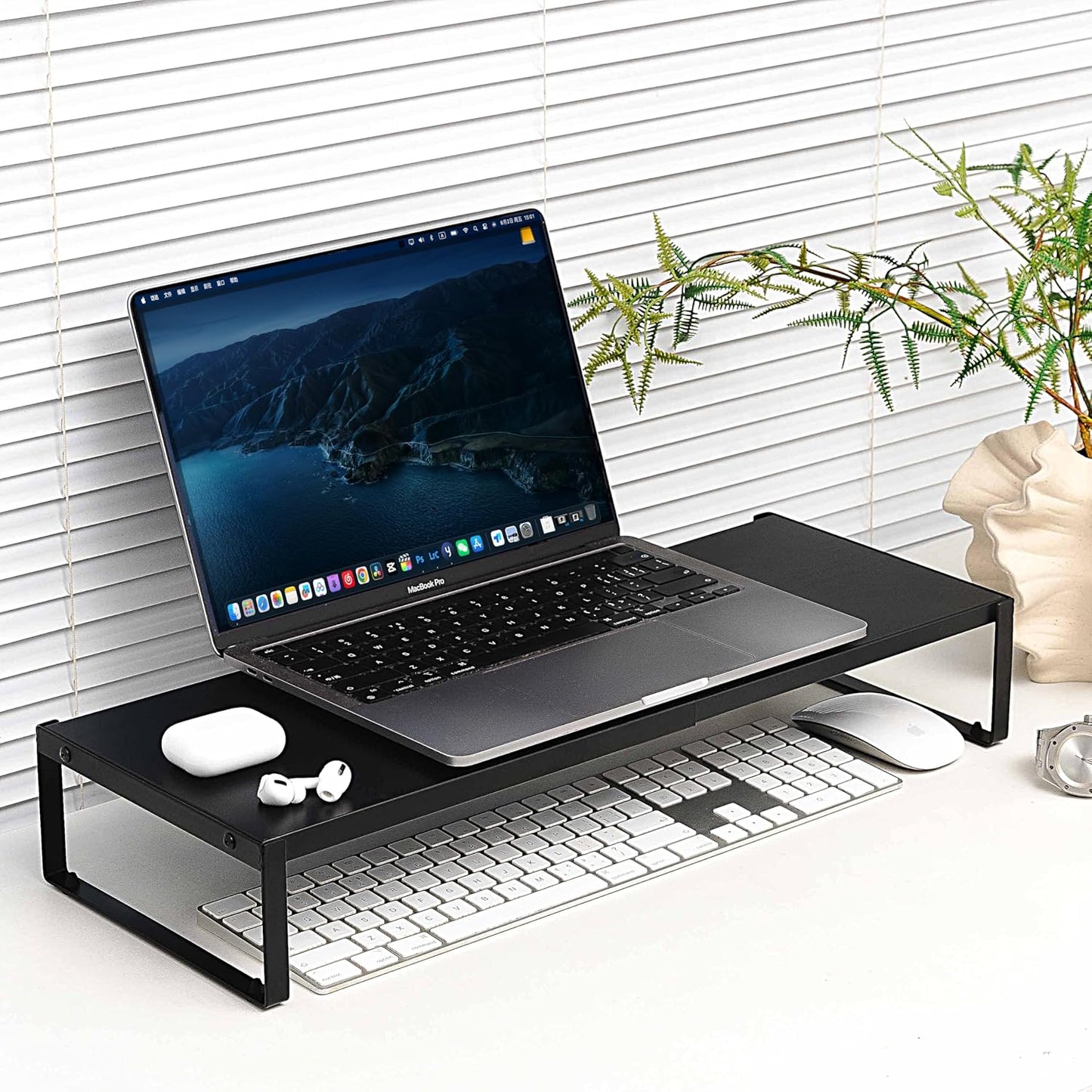 Adjustable Metal Monitor Stand - 11.6"-21.3" Ergonomic Desktop Riser for Computer/Laptop/TV, Heavy-Duty Office Shelf with Space-Saving Design (Black)