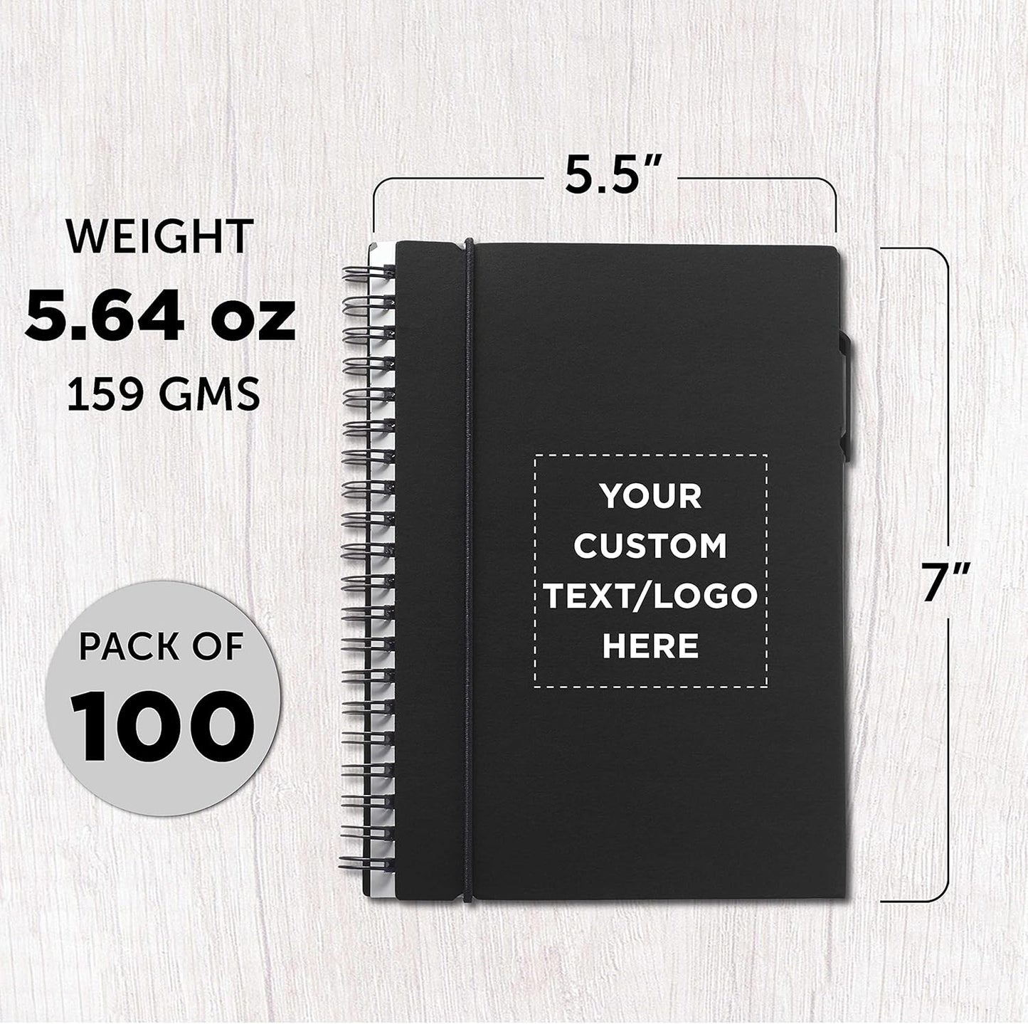 DISCOUNT PROMOS Custom Spiral Notebooks with Elastic Closure Set of 100, Personalized Bulk Pack - Perfect for School, Office, Business and More - Black