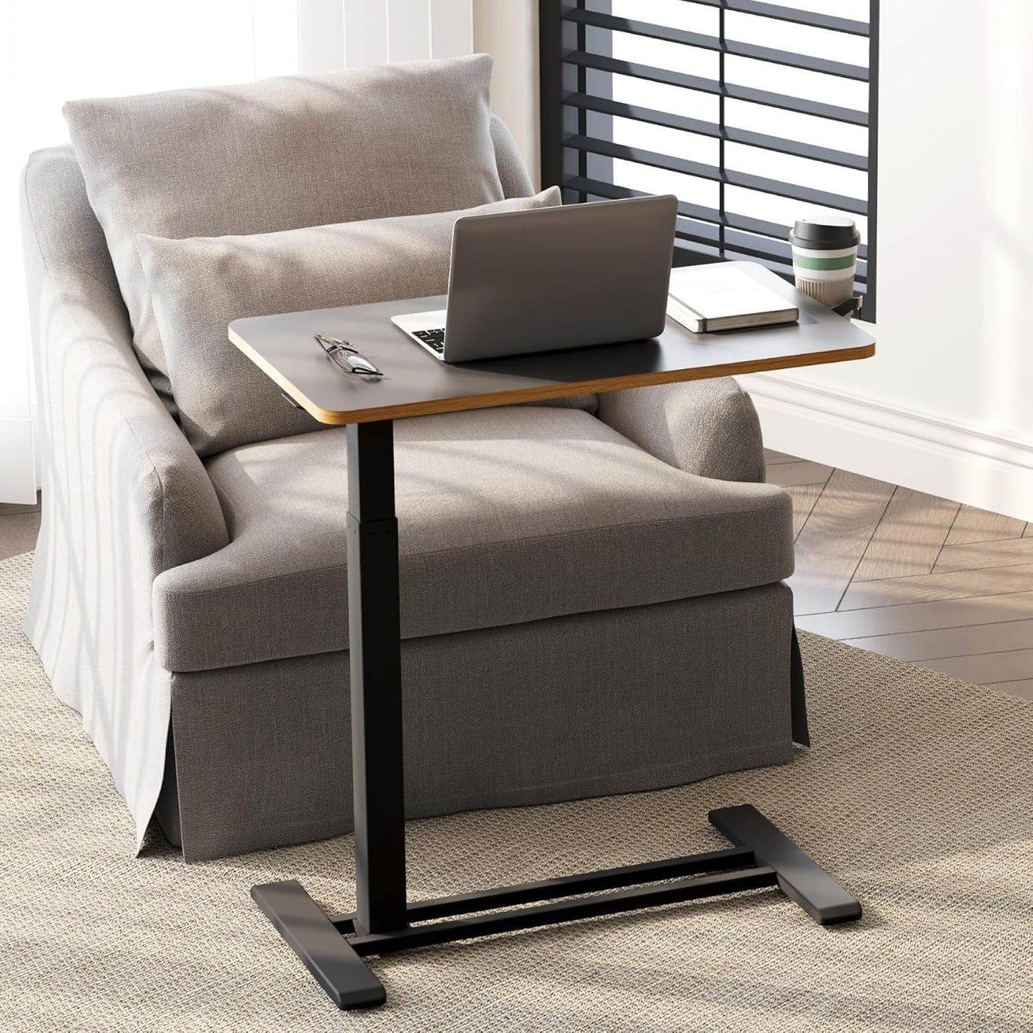 SANODESK Mobile Standing Desk with Hidden Wheels,Pneumatic Laptop Desk Rolling Computer Cart Movable Height Adjustable Small Sit Stand Desk for Home Office(27.6" W x 15.7" D, Black+Maple Band)