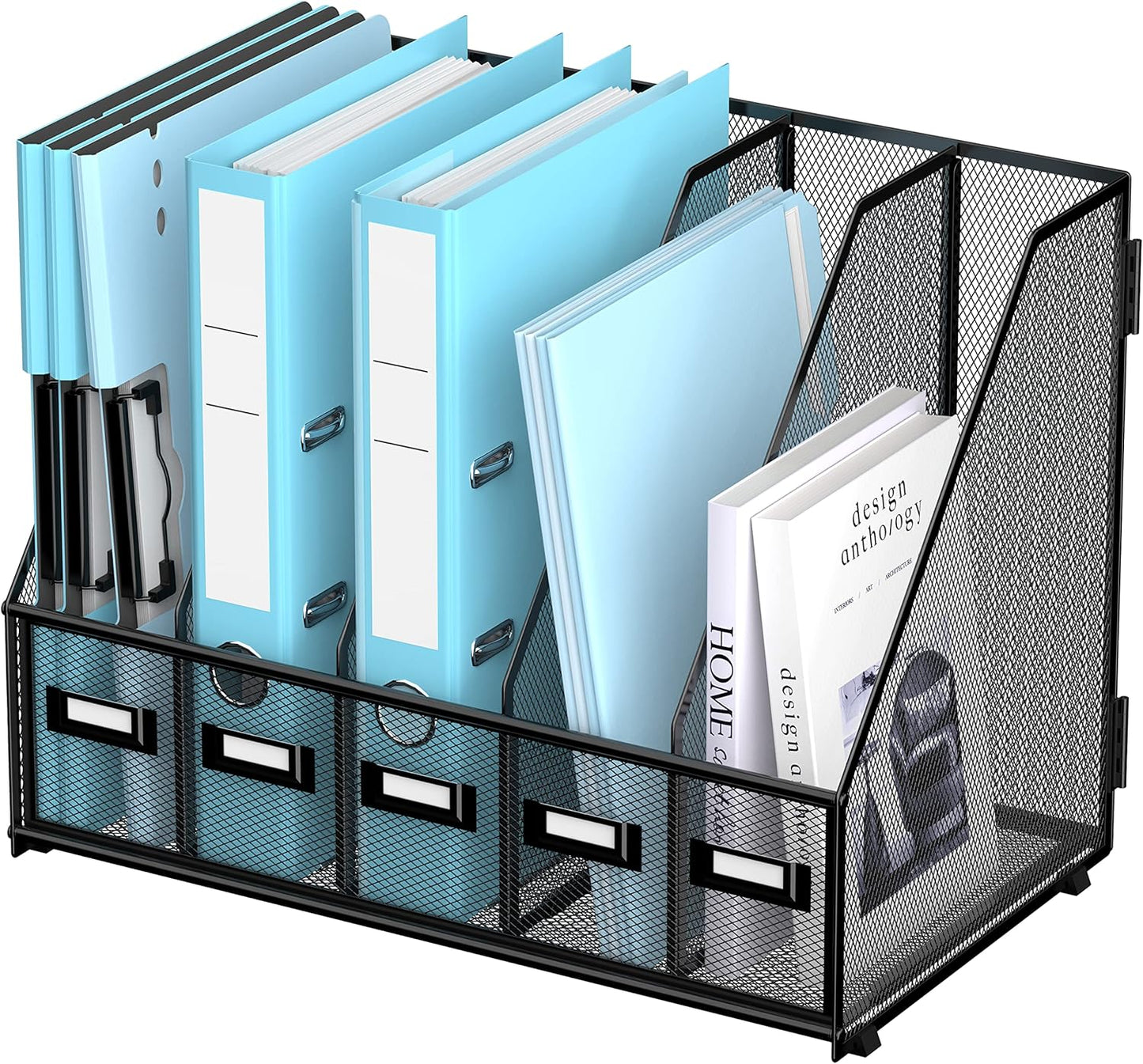 SUPEASY Desk Organizers Metal Desk Magazine File Holder with 16''x12''x12'' 5 Vertical Compartments Rack File Organizer for Office Desktop, Home Workspace, Black Plus