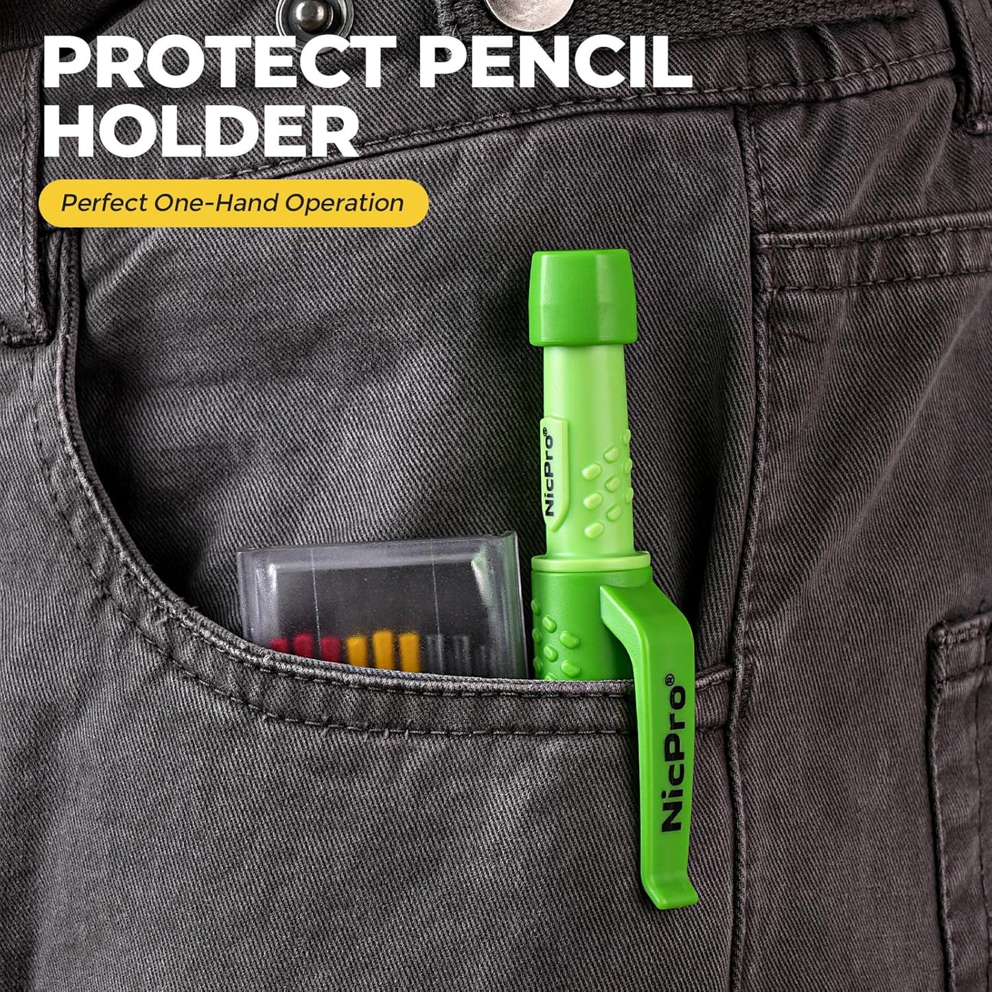 Nicpro CP3000 Carpenter Pencil with Sharpener, 2.8 mm Mechanical Pencils with 19 Refills, Deep Hole Marker for Construction, Heavy Duty Woodworking Pencil, Carpenter Tools for Architect Marking(Green)