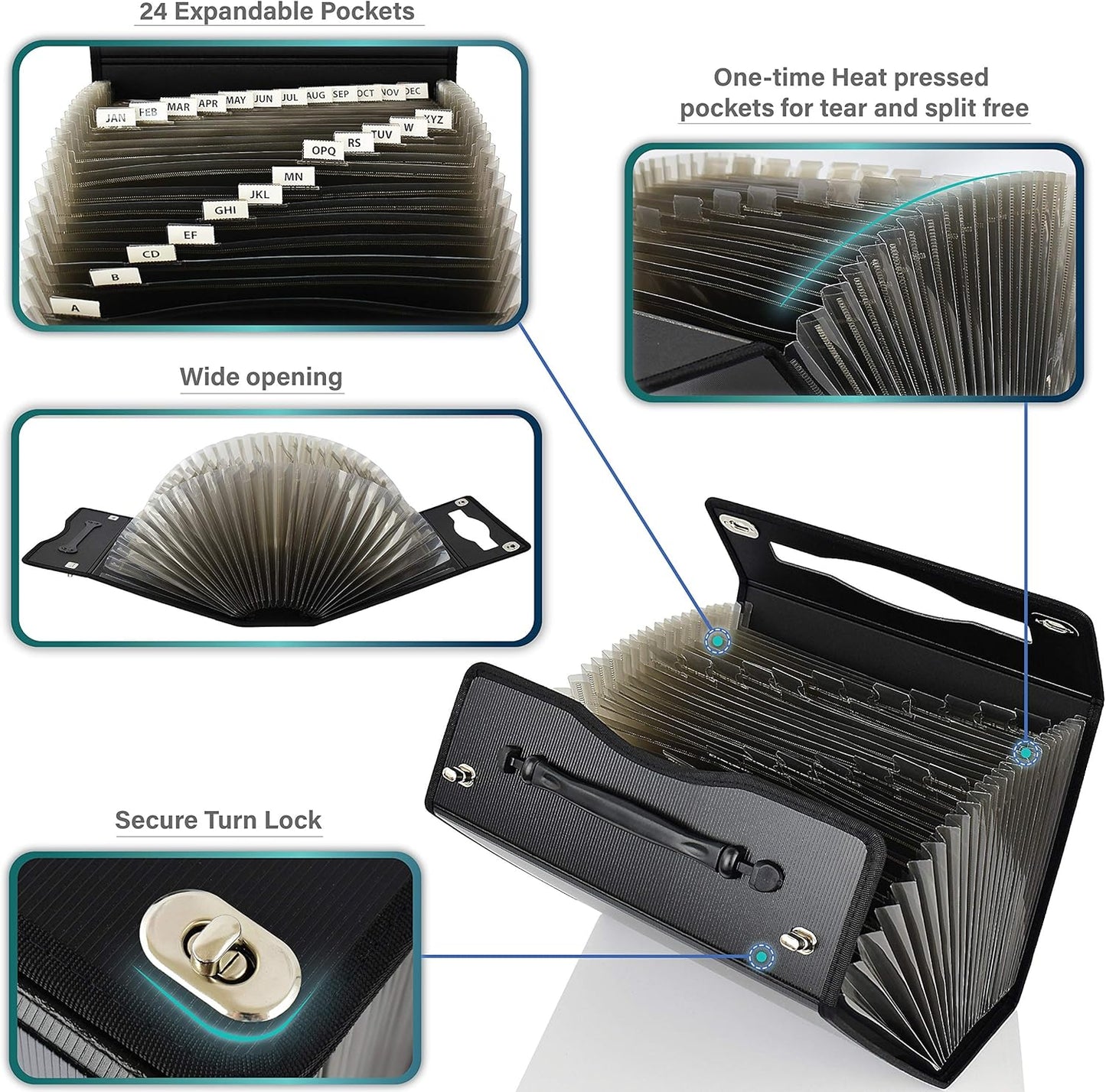 CNK Accordion File Folders with 24 Pockets Organizer for Document Paper Storage Folder Documents Expanding Binder Folio Pocket Receipt Filing Expandable Files Dividers Labels Letter Durable Handle