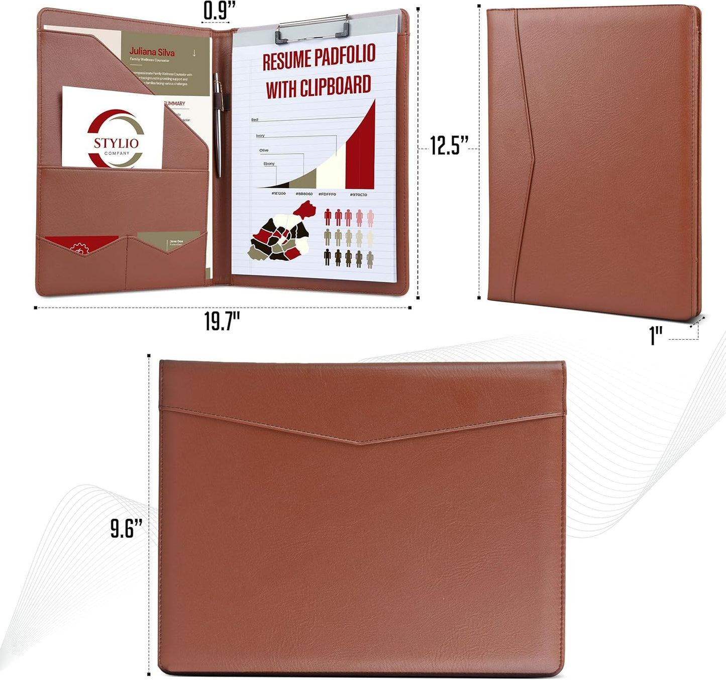 STYLIO Padfolio Folder with Removable Clipboard | Tan (Brown) Color| Portfolio Organizer | Binder with Storage for Notebook, Notepad | Nursing Clipboard Folio | Vegan Leather