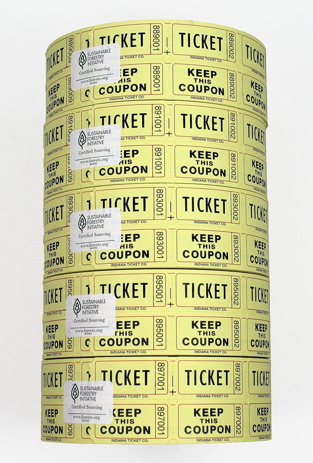 INDIANA TICKET CO. 10,000 Yellow CONSECUTIVELY Numbered Raffle Ticket Roll. 5 Rolls of 2,000, for Classroom Rewards, Events, Fundraisers, Door Entry, Raffles, Prizes, Drink/Food Tickets, & More