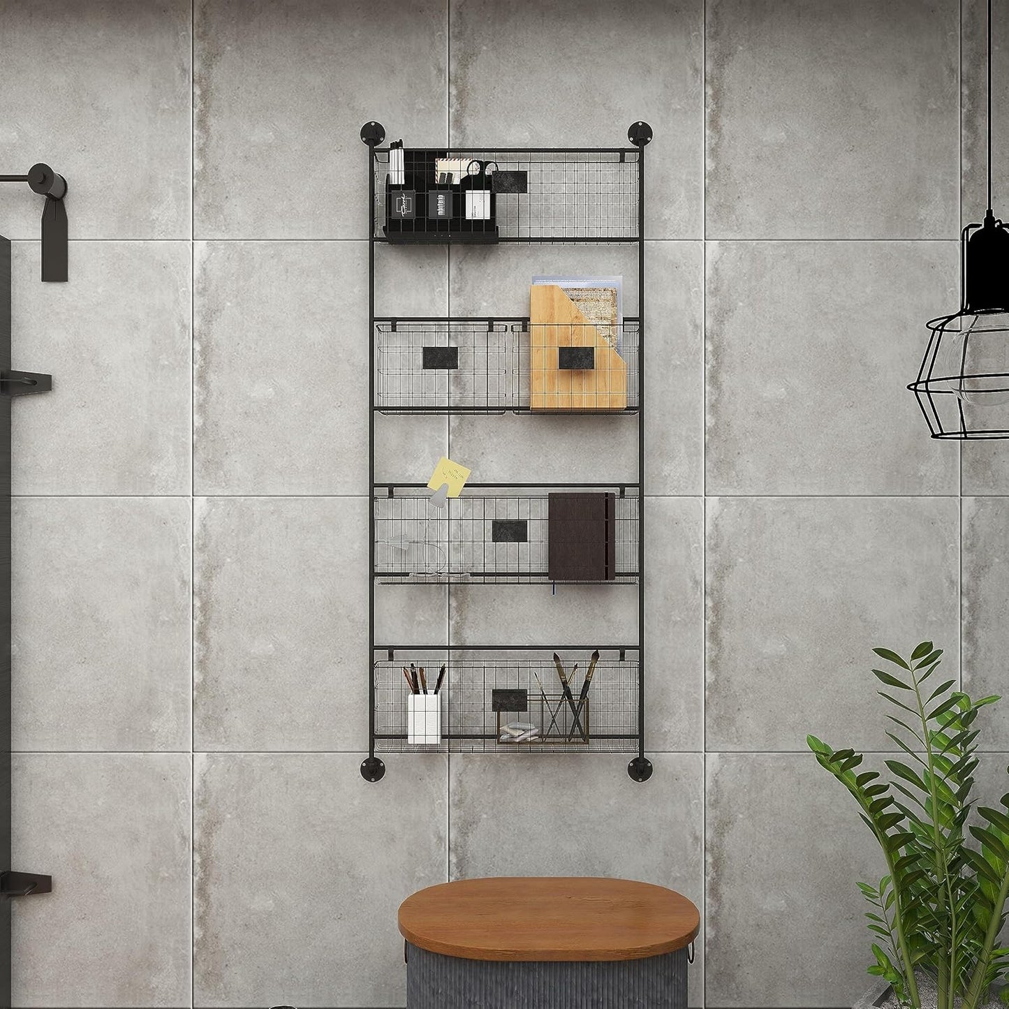 Deco 79 Metal Tall Wire 5 Slot Magazine Rack Holder with Suspended Baskets and Label Slots, 27" x 5" x 61", Black