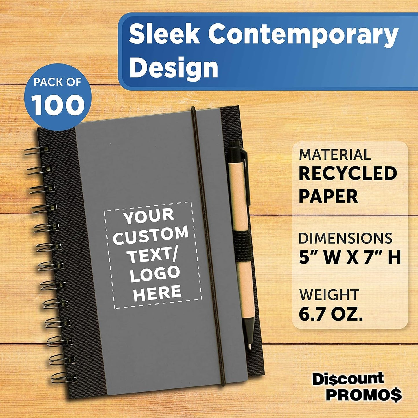 DISCOUNT PROMOS Custom Eco Block Notebooks with Pens Set of 100, Personalized Bulk Pack - Perfect for School, Office, Business, Home - Smoke