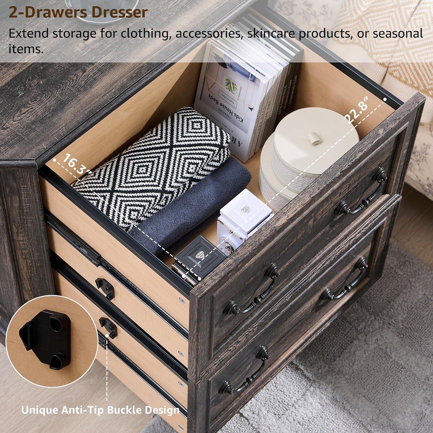 T4TREAM 2 Drawer File Cabinet Set of 2, 30" Wide Wooden Extended Desktop, Farmhouse Filing Cabinet with Smooth Rails, Holds Letter/Legal/A4, Hexagonal Design & Framed Drawer Fronts, Dark Rustic Oak