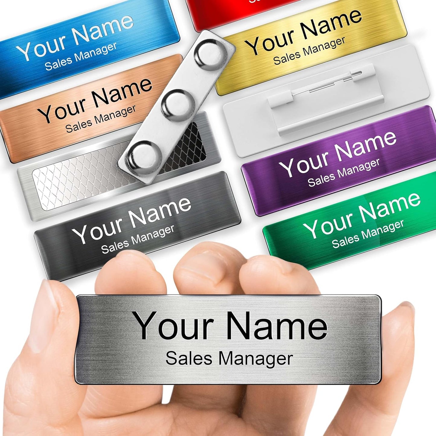 Magnetic Name Tags | Personalized Engraved Metal Identification Badges with Pin or Adhesive Backing | Custom ID Tags | 2.8"x0.8"
