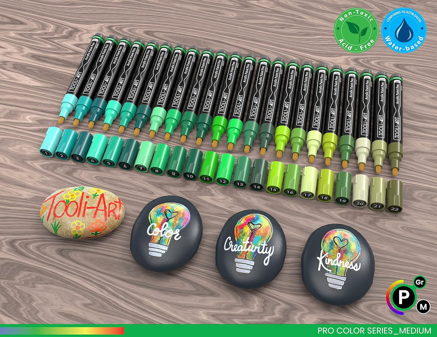 TOOLI-ART 22 Acrylic Paint Markers Paint Pens Pro Color Series Set 3mm Medium Tip for Rock Painting, Glass, Mugs, Wood, Metal, Glass Paint, Canvas, DIY. Non Toxic, Waterbased, Quick Drying (GREENS)