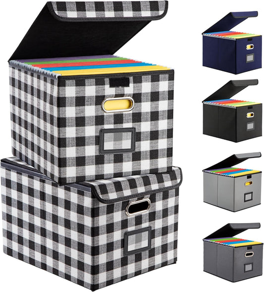 File Organizer Box, Linen Filing Organizer with Lid, Large Desktop File Boxes, Black and White Lattice,2 Pack