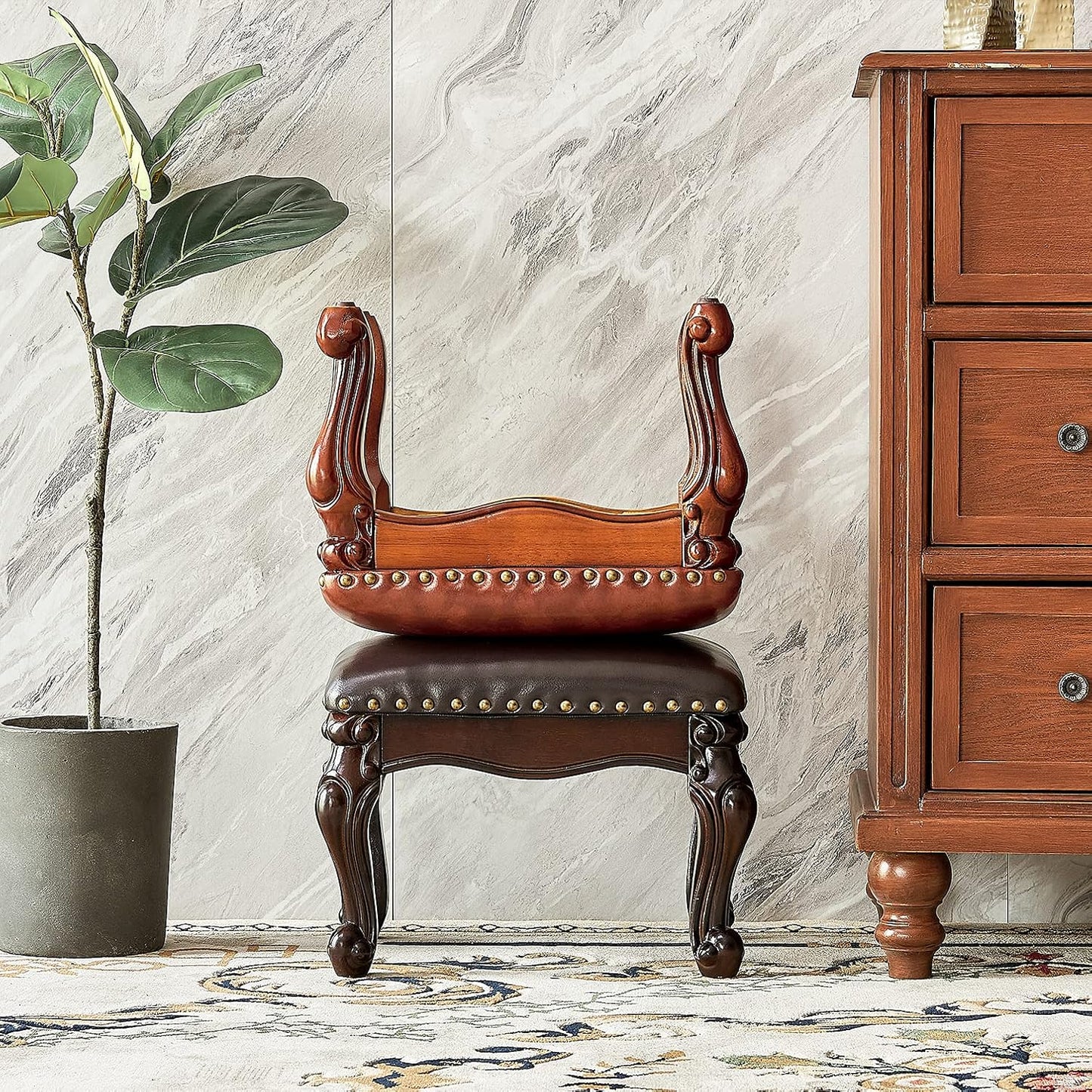 Foot Stool Ottoman Foot Rest Microfiber Leather Upholstered Footstool for Sofa, Living Room, Entryway, Solid Wood Stool (Black Brown)