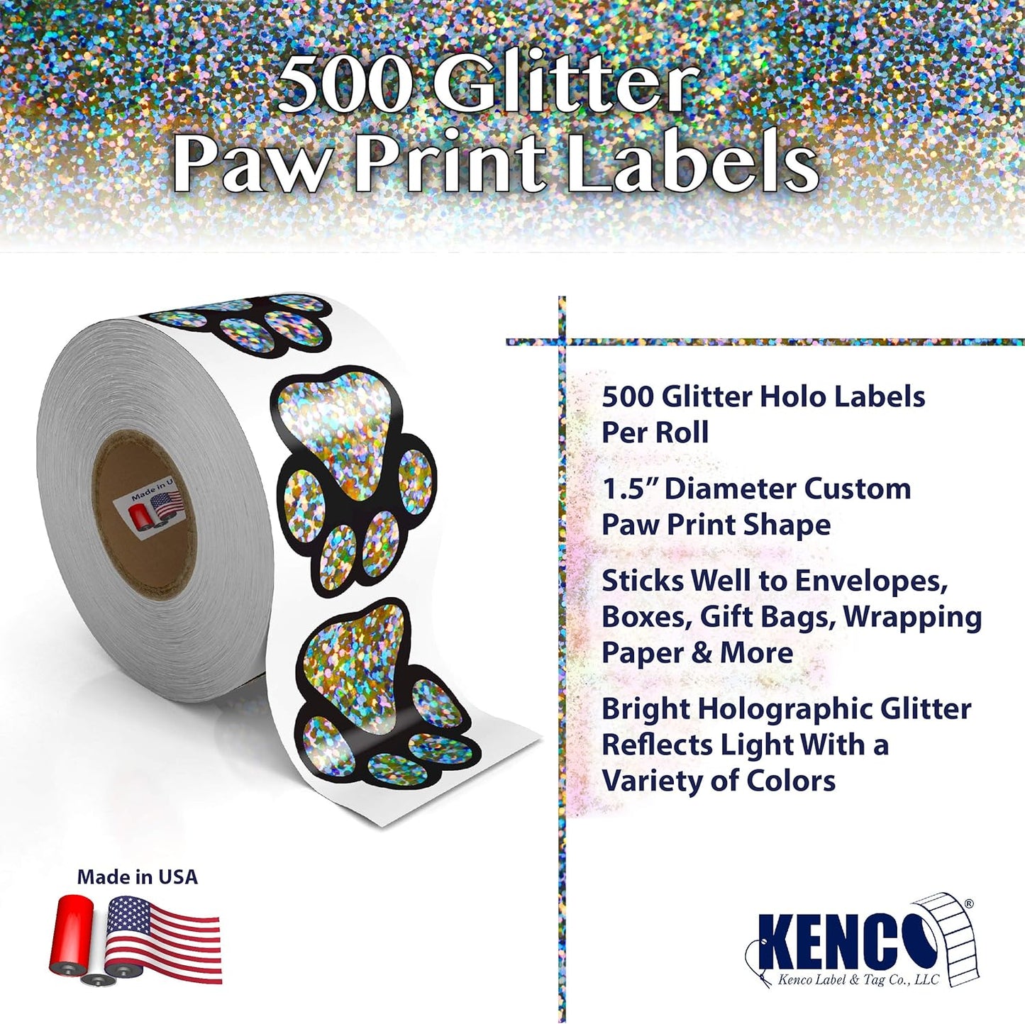 Paw Prints Animal Stickers- 500 1.5" Labels, Dog Paw Prints for Kids, Parties, Vets, Kennels, and Mailing. Made in The USA by Kenco (Glitter Holo Paws)