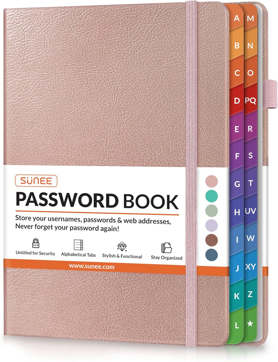SUNEE Password Book with Colorful Alphabetical Tabs, Password Books for Seniors, Password Keeper Book for Computer and Internet Address Website Login, 5.3''x 7.7''- Rose Gold