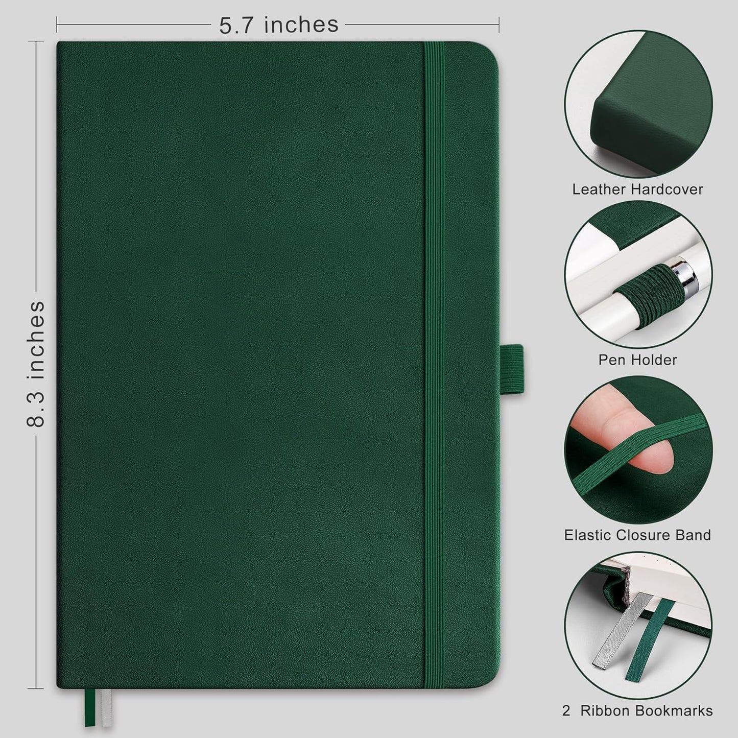 RETTACY Lined Journal Notebook, 2-Pack, 192 Numbered Pages per Pack, A5 Medium Size (5.7'' x 8.3''), for Men & Women, Writing, Work, Leather Hardcover, 100 GSM Thick Paper (Black & Dark Green)