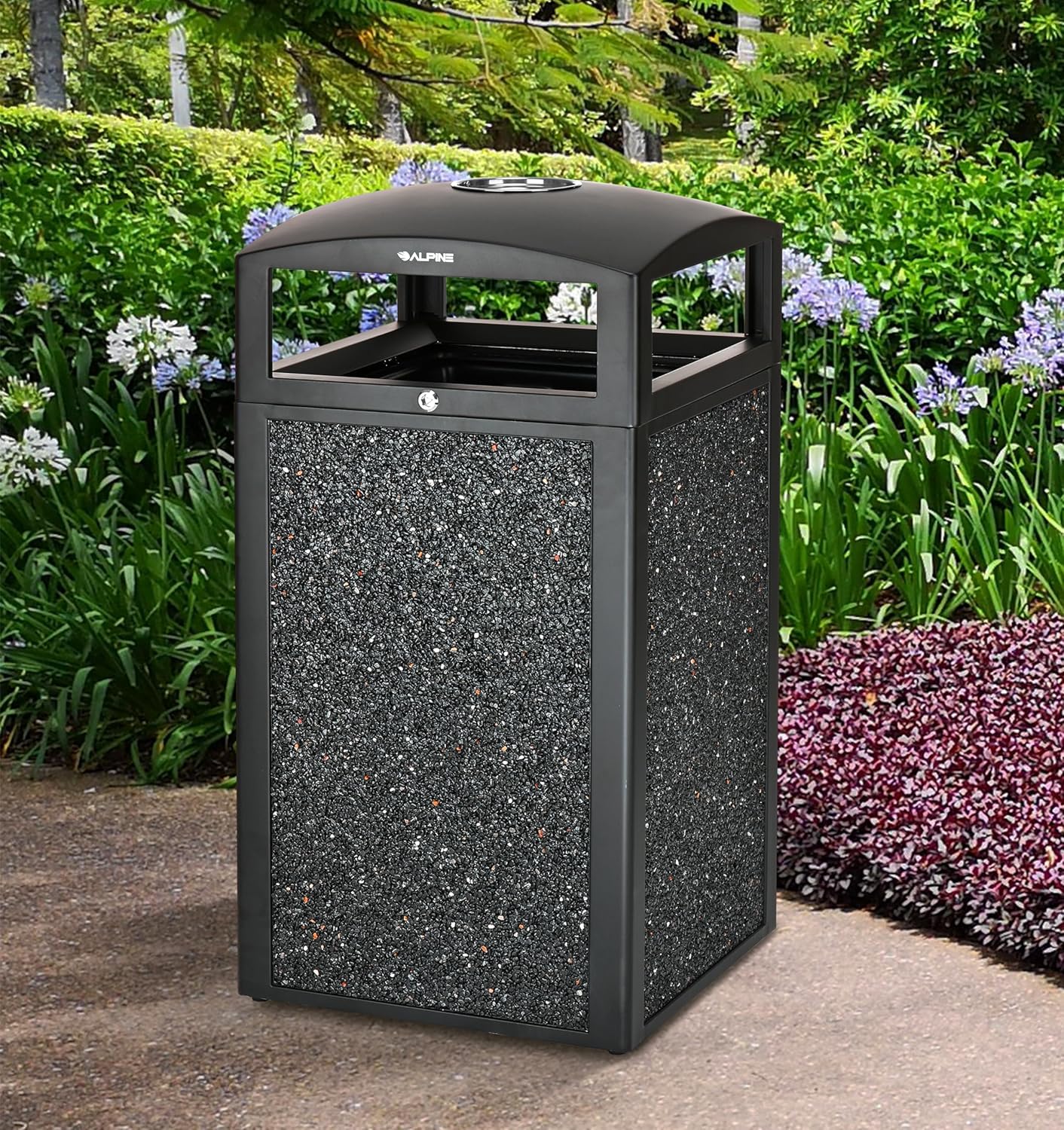 Alpine Outdoor Commercial Trash Can with Lid - 40 Gallon Heavy Duty Metal Garbage Can with Removable Bin, Locking Lid for a Modern Look in Park, Mall & High Traffic Areas-Grey Stone Panels (With Tray)