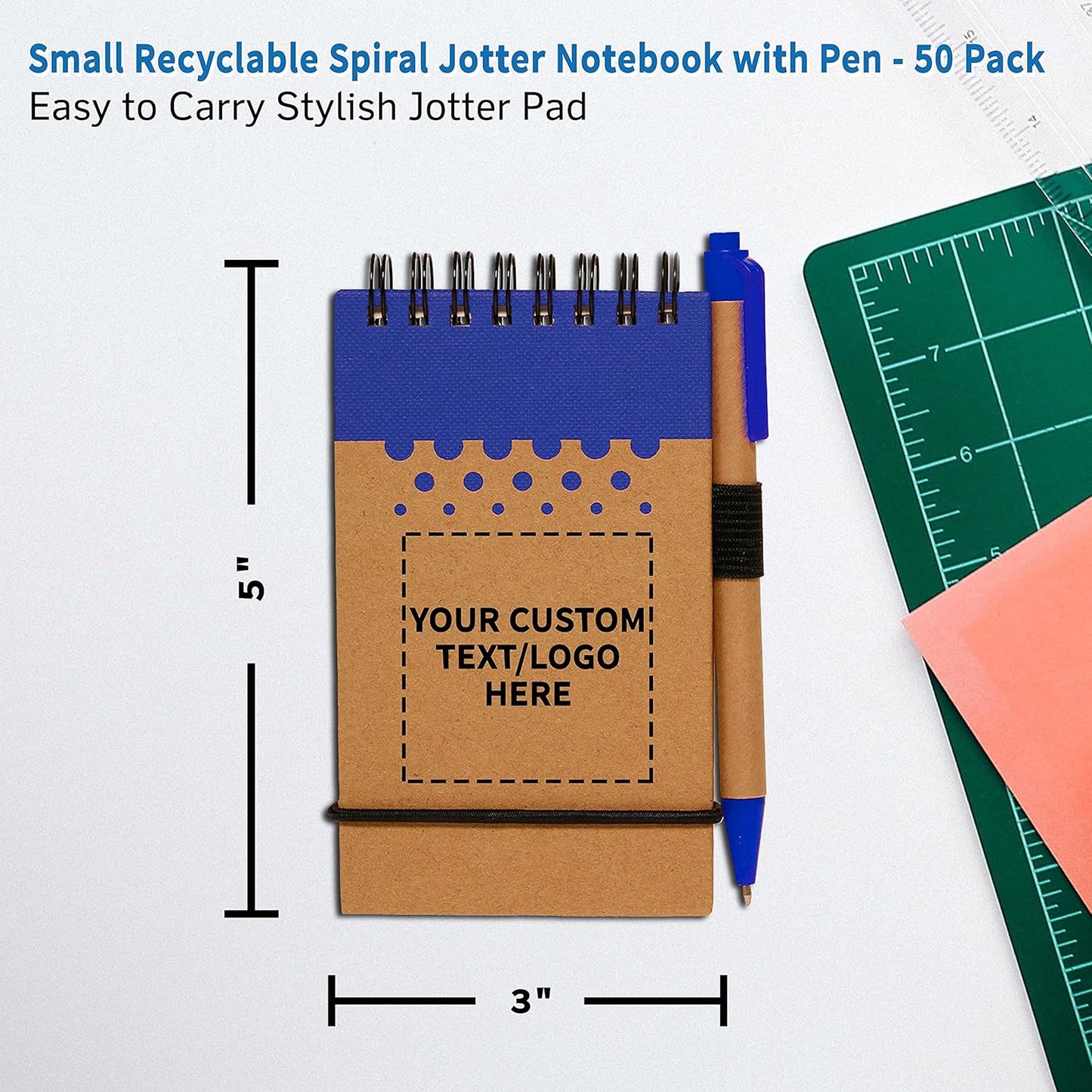 DISCOUNT PROMOS 50 Recyclable Spiral Small Notebooks Pack - Customizable Text, Logo - 60 Lined Pages - Blue