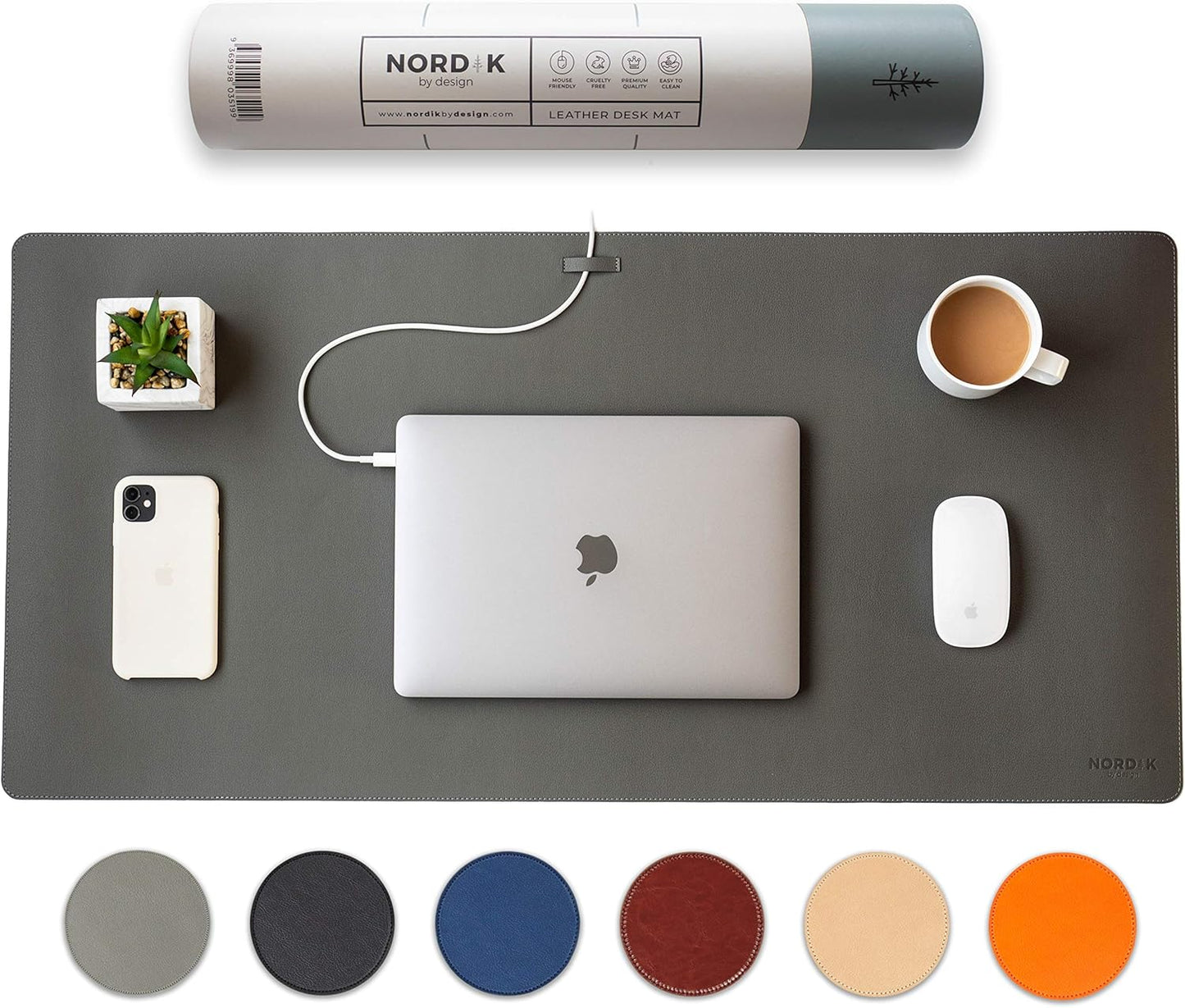 Nordik Leather Desk Mat Cable Organizer - Alaskan Gray 35 X 17 inch - Premium Extended Mouse Mat for Home Office Accessories - Non-Slip Vegan Leather Desk Pad Protector & Desk Blotter Pad