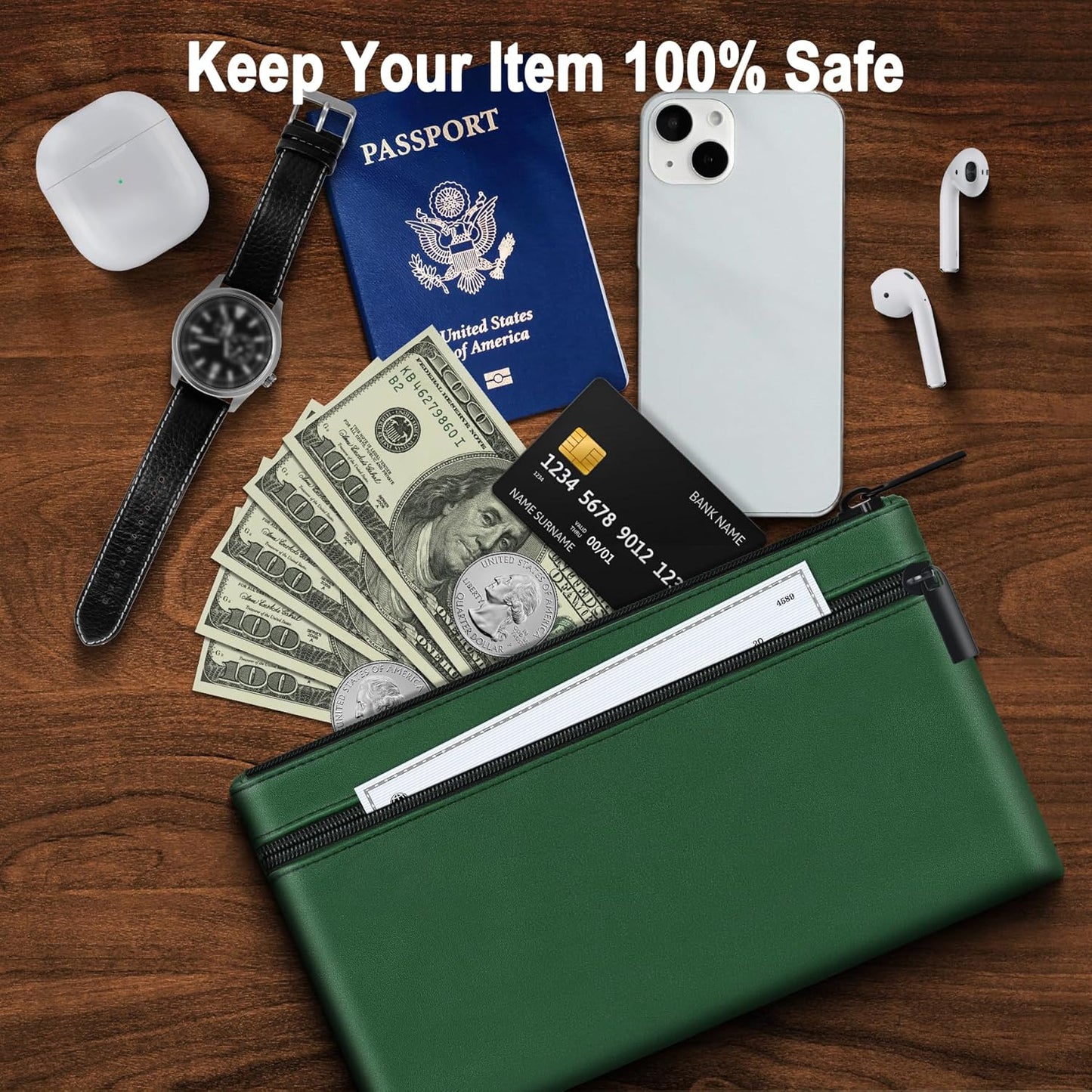 HAUTOCO Money Bag with Zipper 11x6.1 inch Money Pouch with Lined PU Leather Bank Bag Two Pockets Utility Wallet for Cash Check Receipt Coins Cosmetics, Deep Green