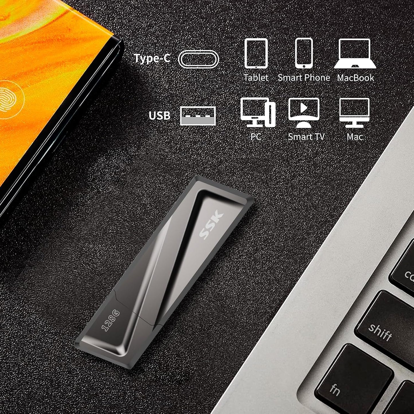 SSK 128GB USB Flash Drive 550MB/s USB 3.2 Gen2 USB Thumb Drive Fast Transfer Speed Externel Solid State Drive +USB C Adapter USB C Memory Stick for Type C Smartphone,MacBook/Pro/Air Laptop and More