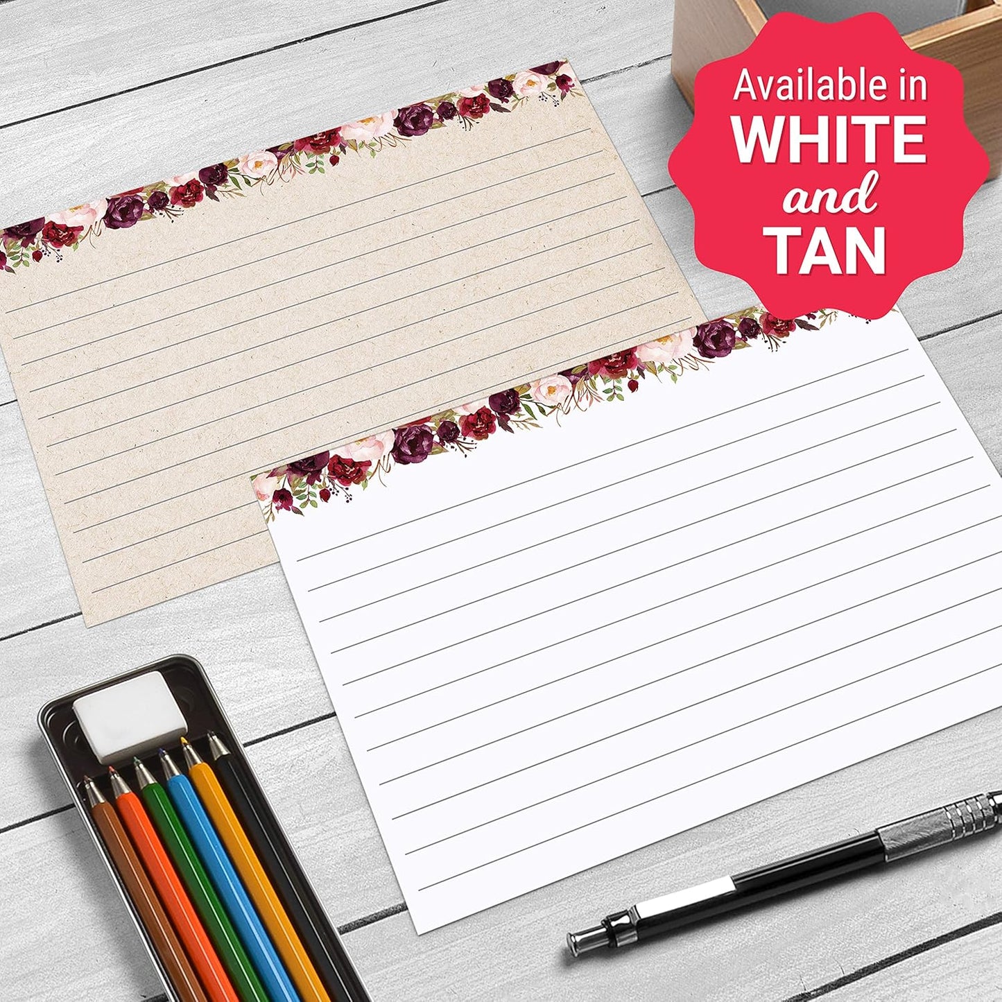 321Done Floral Ruled Index Cards - Made in USA – Small 3x5 (Set of 50), Narrow-Ruled Lined Notecards Double-Sided, Thick Heavy Duty Cardstock, Cute Pretty Flowers Red Roses on White Note Cards Lines