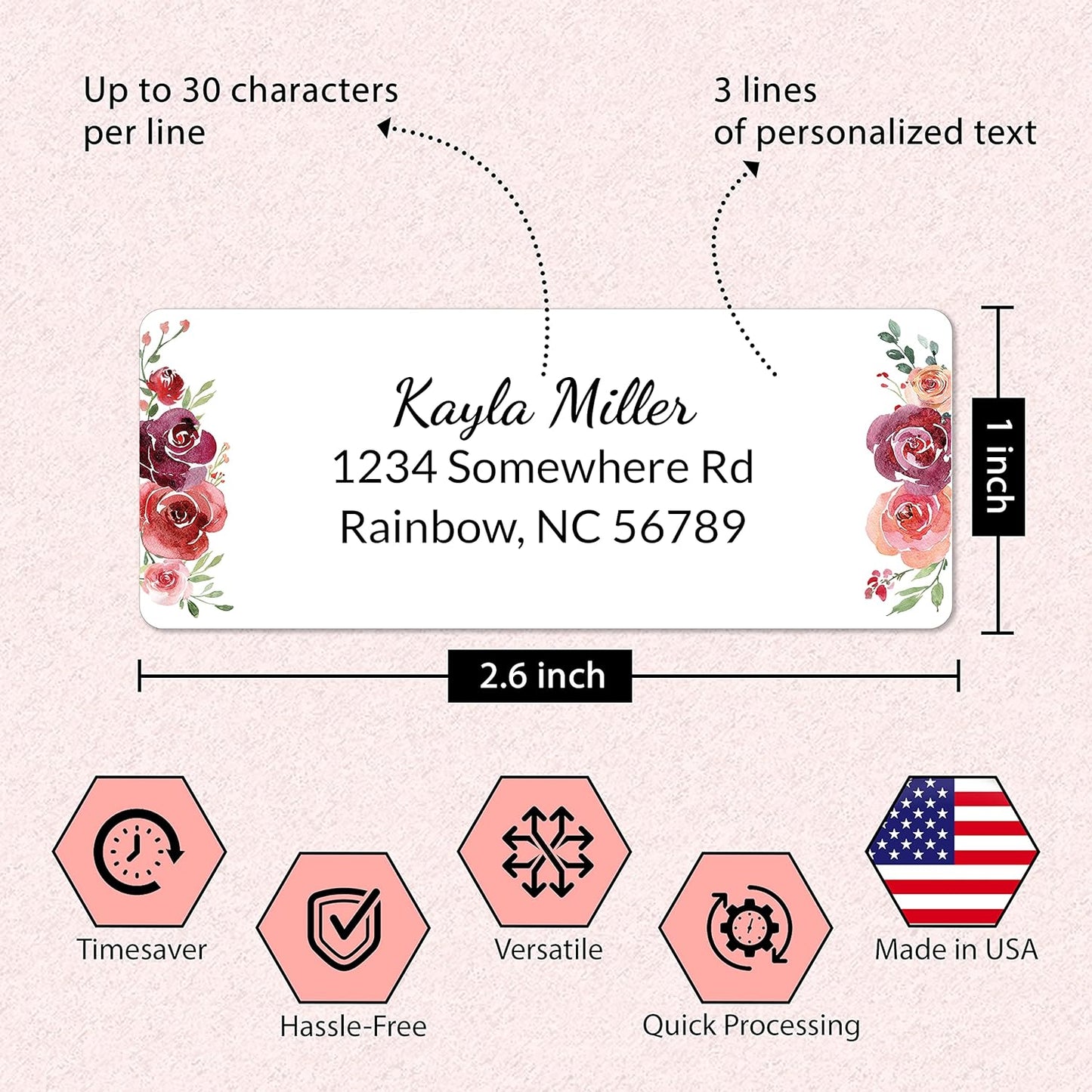 Personalized Return Address Labels Floral - Set of 120 Custom Mailing Labels for Envelopes, Self Adhesive Flat Sheet Rectangle Personalized Name Stickers (Burgundy)